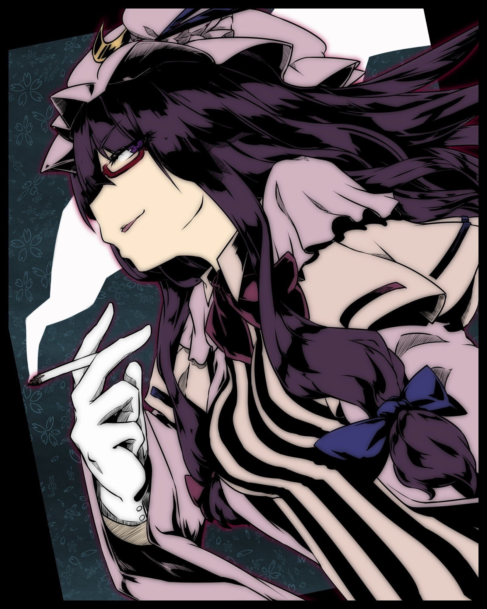 clothing, sleeves, girls, games, 1080P, bows, moon, purple, patchouli, knowledge, bun, open, witches, cigarettes, hair, smoking, dress, gloves, striped, Phone HD Wallpaper