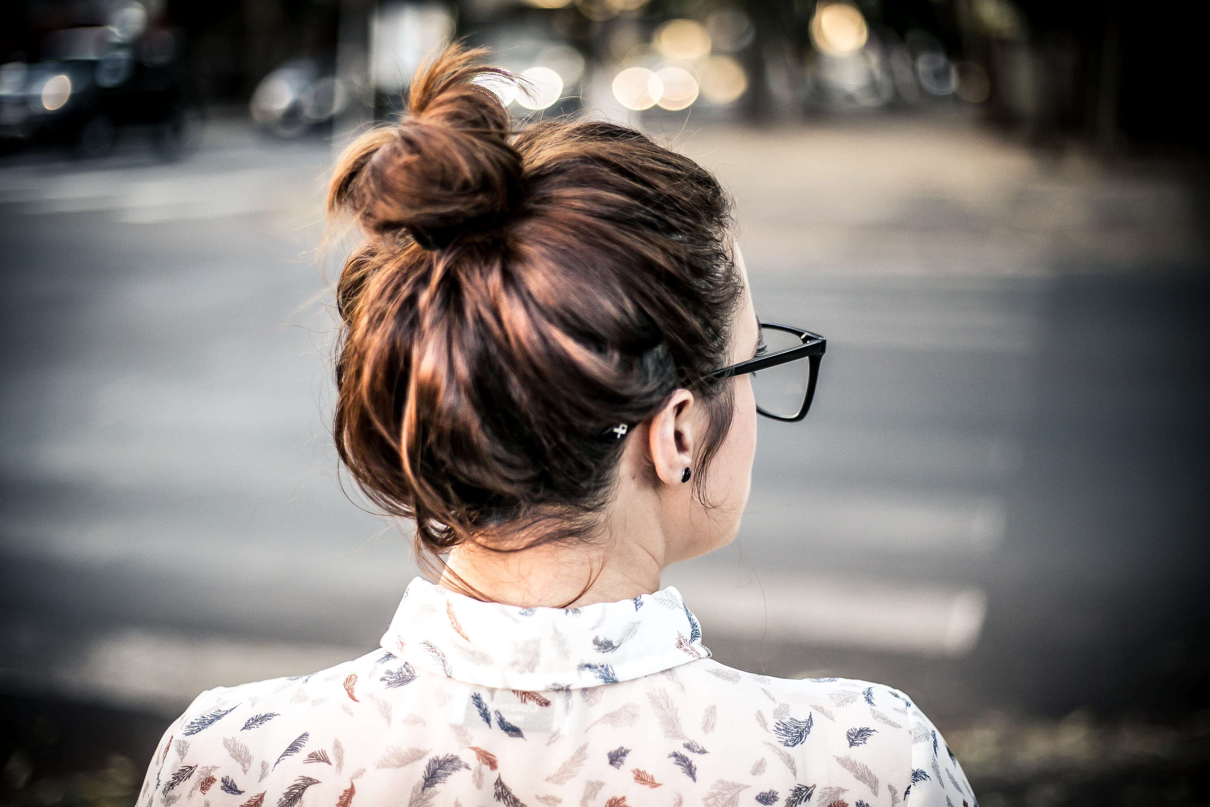 fashion, adorable, profile view, city, one person, person, adult, hair, eyeglasses, outdoors, lifestyles, girl, hair bun, portrait, 4K, glasses, woman, HD Wallpaper