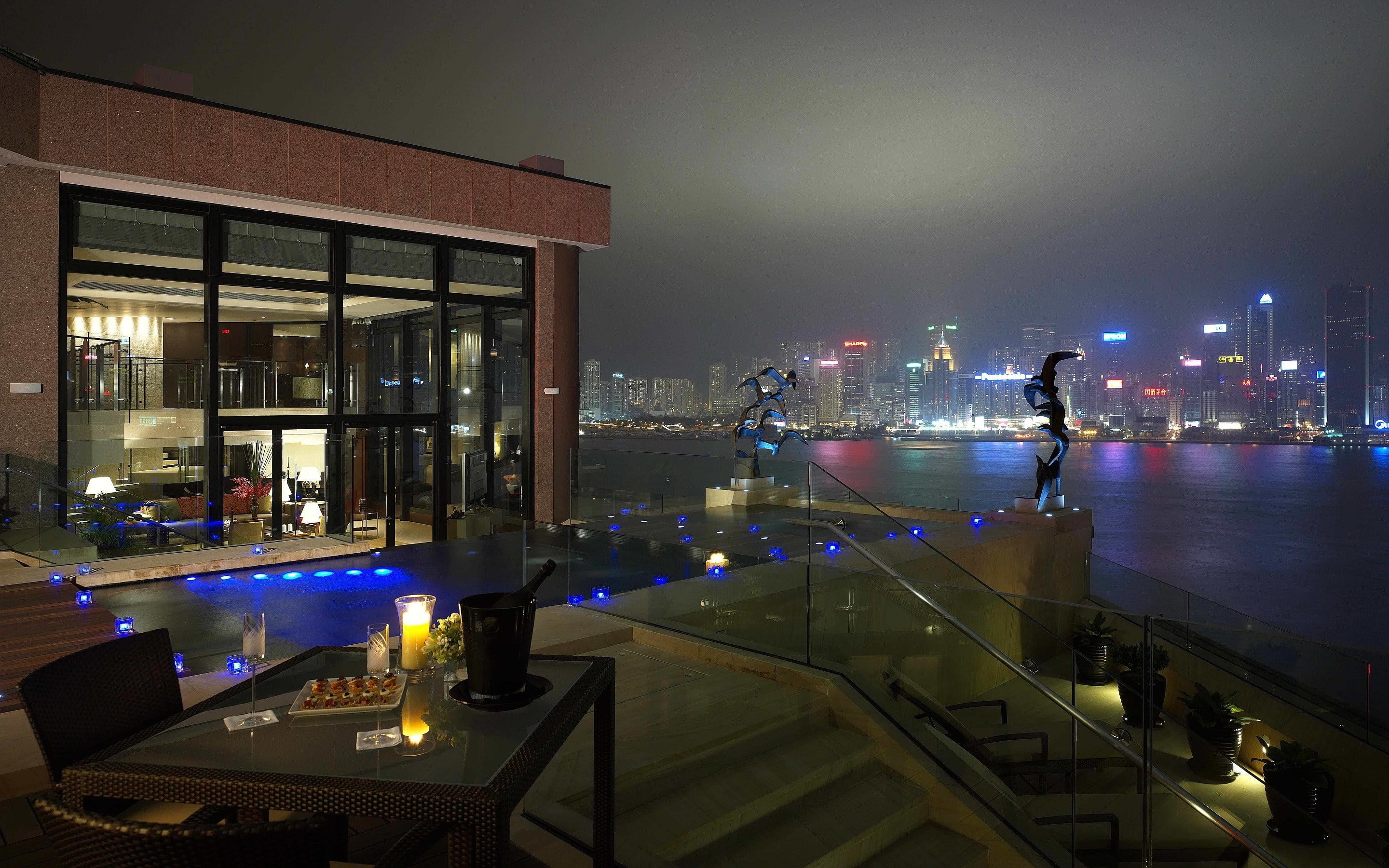 glass - material, lights, skyscraper, night, architecture, set, wooden, house, no people, building, financial district, city life, black, water, modern, HD Wallpaper