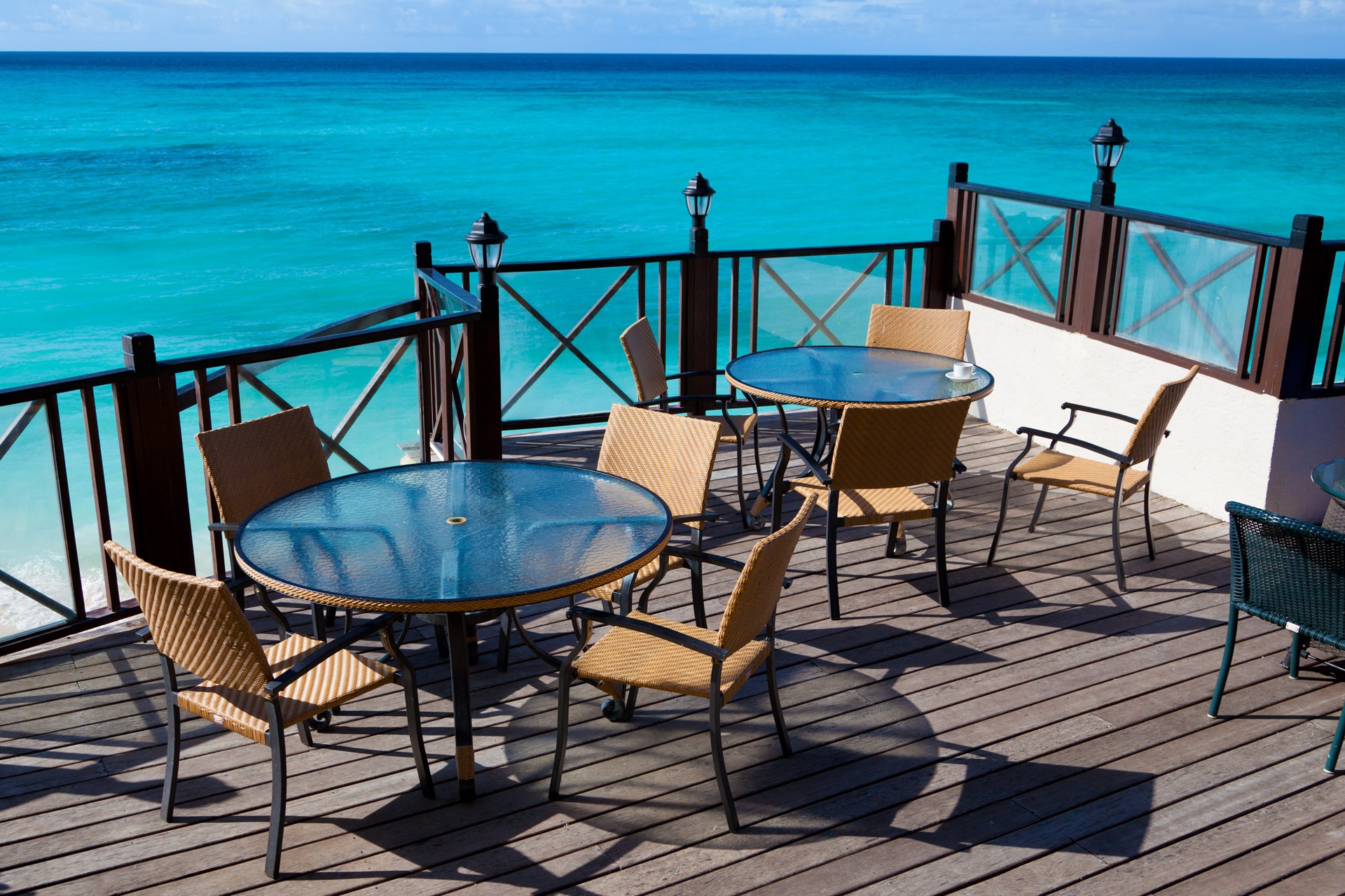 vacation, exotic, horizon over water, two, outdoors, tranquility, vacations, blue, table, sky, sunlight, shadow, water, summer, glass, chair, ocean, round, HD Wallpaper