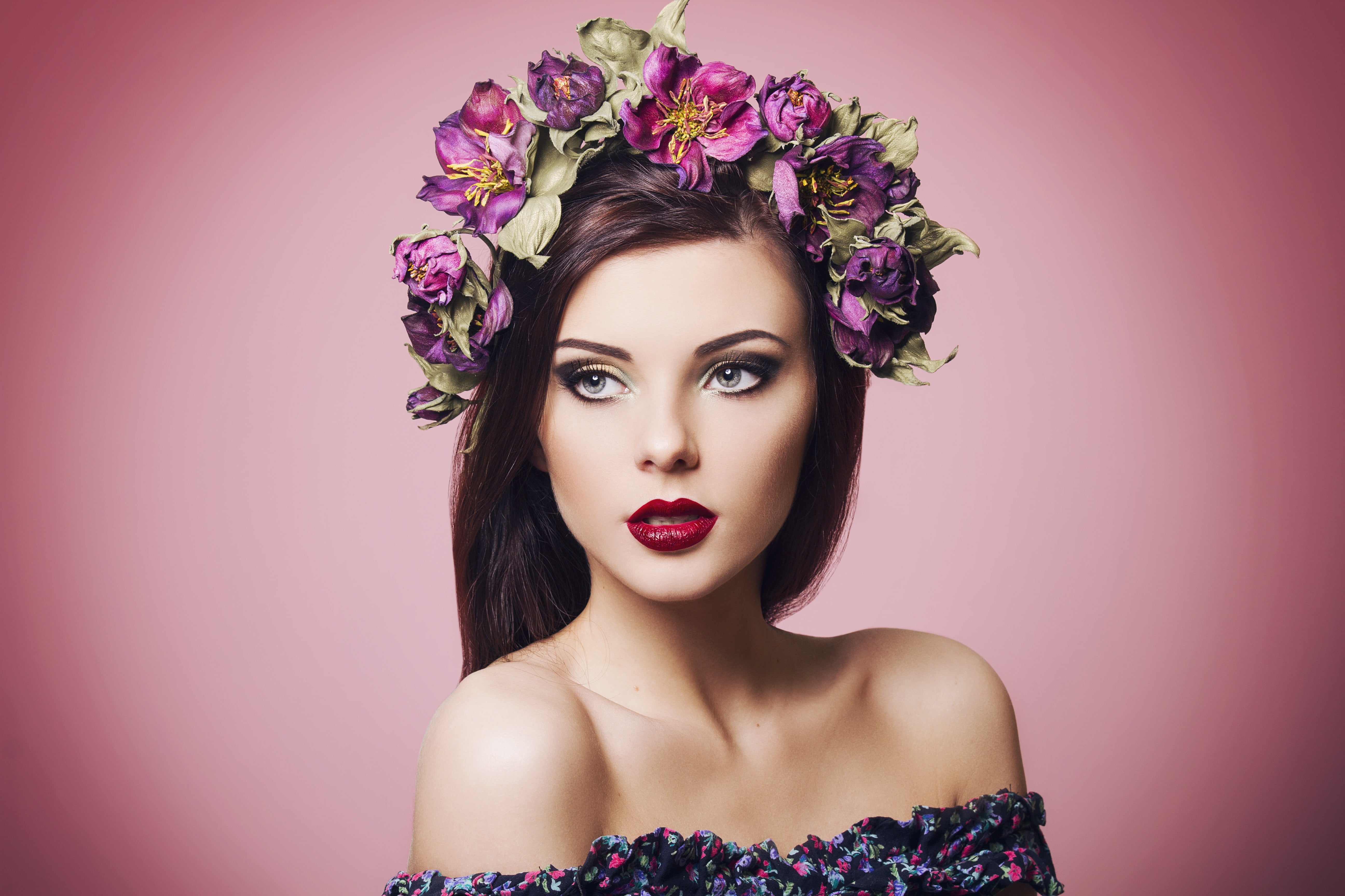 looking at camera, flowering plant, hair Salon, people, background, hairstyle, elegance, shoulder, purple, girl, luxury, s, hair, floral pattern, portrait, HD Wallpaper