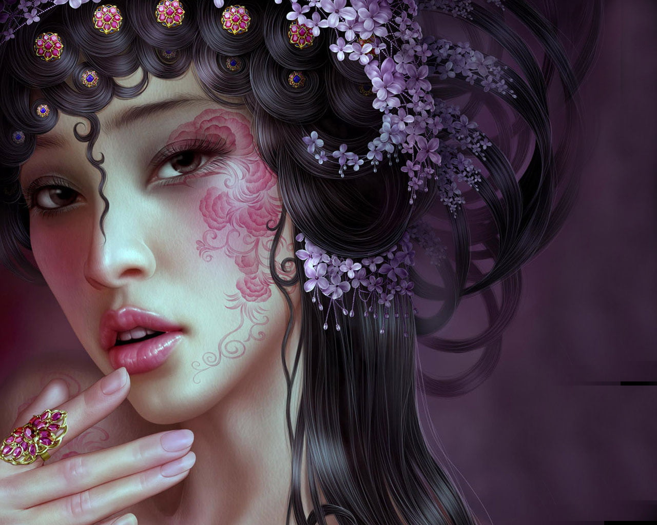 backgrounds, human Hair, females, purple, human Face, pink Color, pink, elegance, one Person, ceremonial Make-up, red, young Adult, painting, looking, beauty, HD Wallpaper