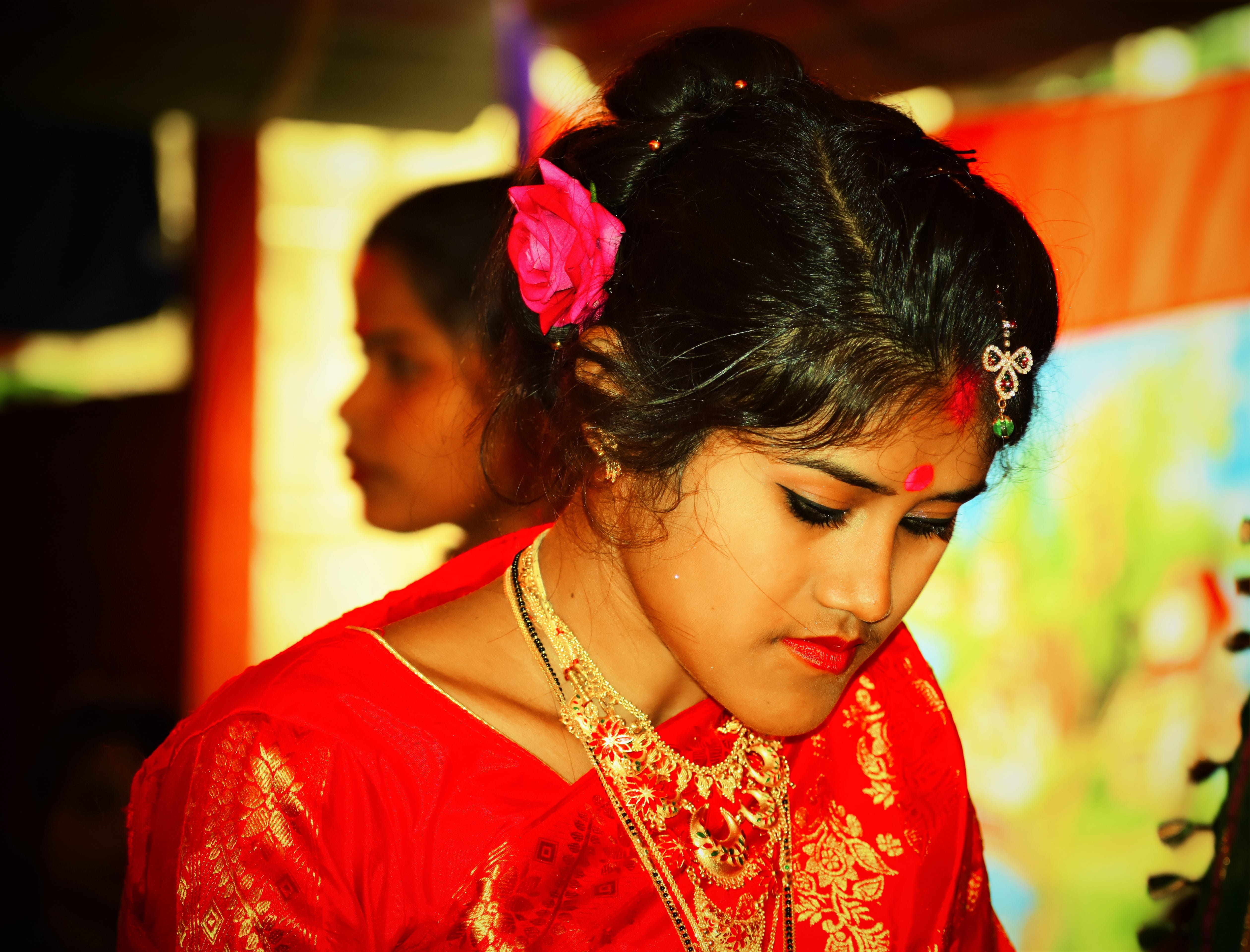 focus on foreground, two people, make-up, females, looking, leisure activity, 4K, young women, hairstyle, headshot, wedding ceremony, lifestyles, festival, HD Wallpaper