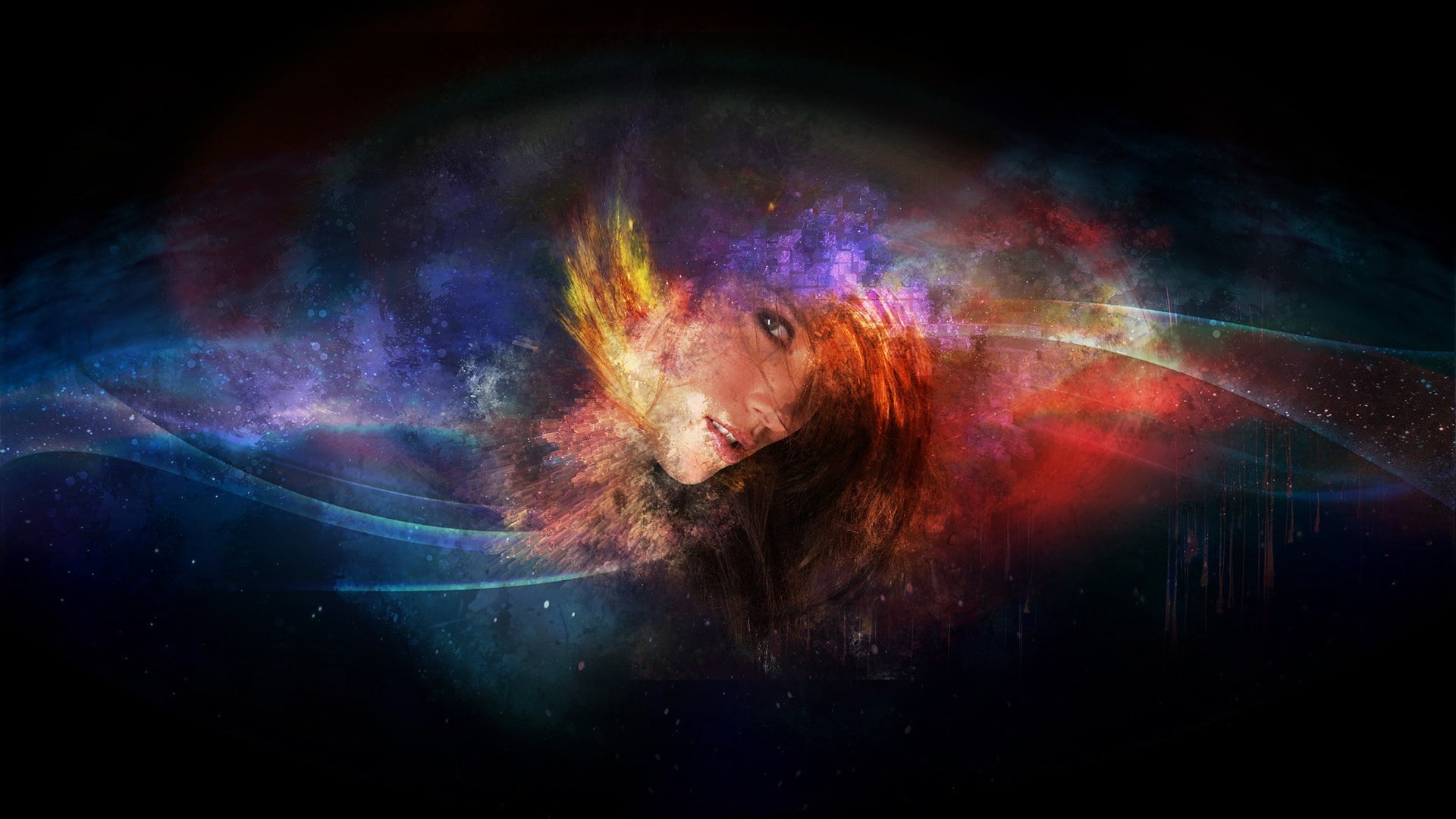 Malena Morgan, star - space, studio shot, digital art, hairstyle, galaxy, black background, young adult, artwork, face, astronomy, nature, 1080P, one person, HD Wallpaper