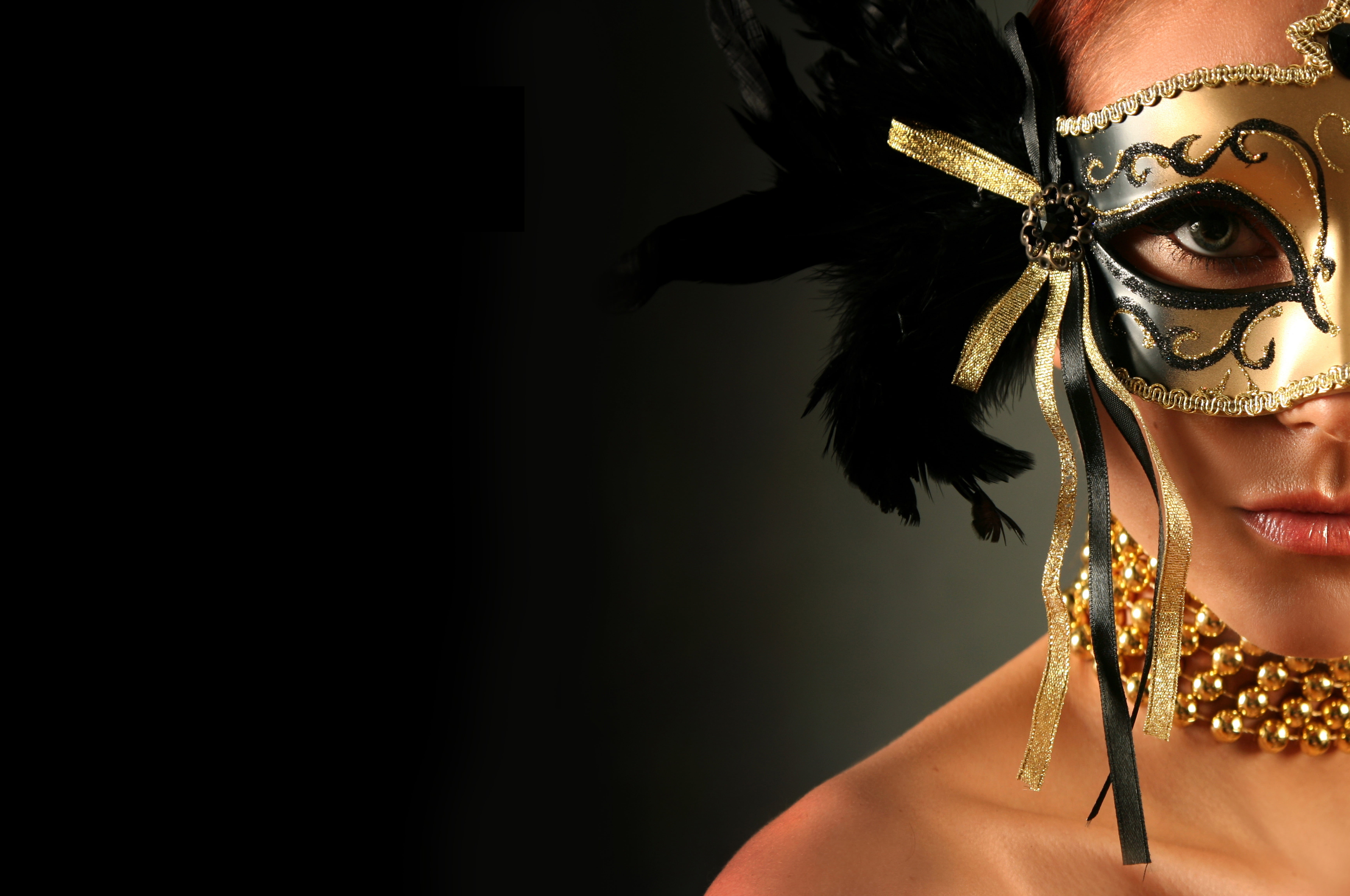 young women, headshot, background, body part, mask, necklace, black background, make-up, human face, human body part, women, portrait, feathers, look, close-up, HD Wallpaper