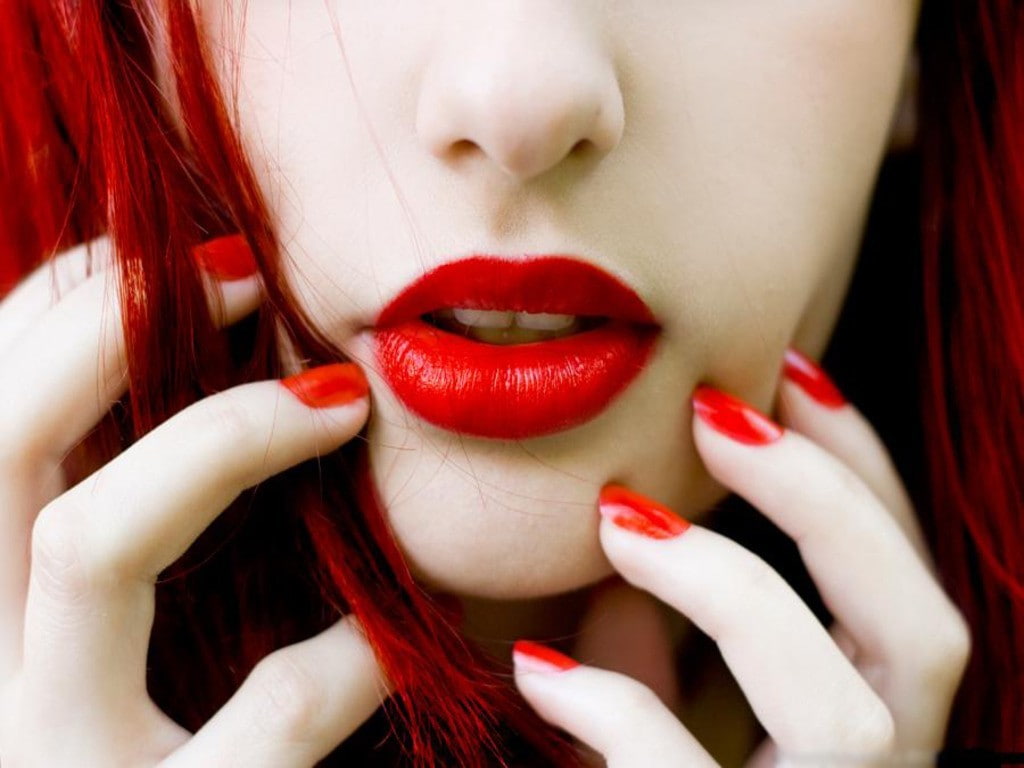 lips, red, nails, 480P, face, redhead, 1024x768, women, red lips, red nails, HD Wallpaper