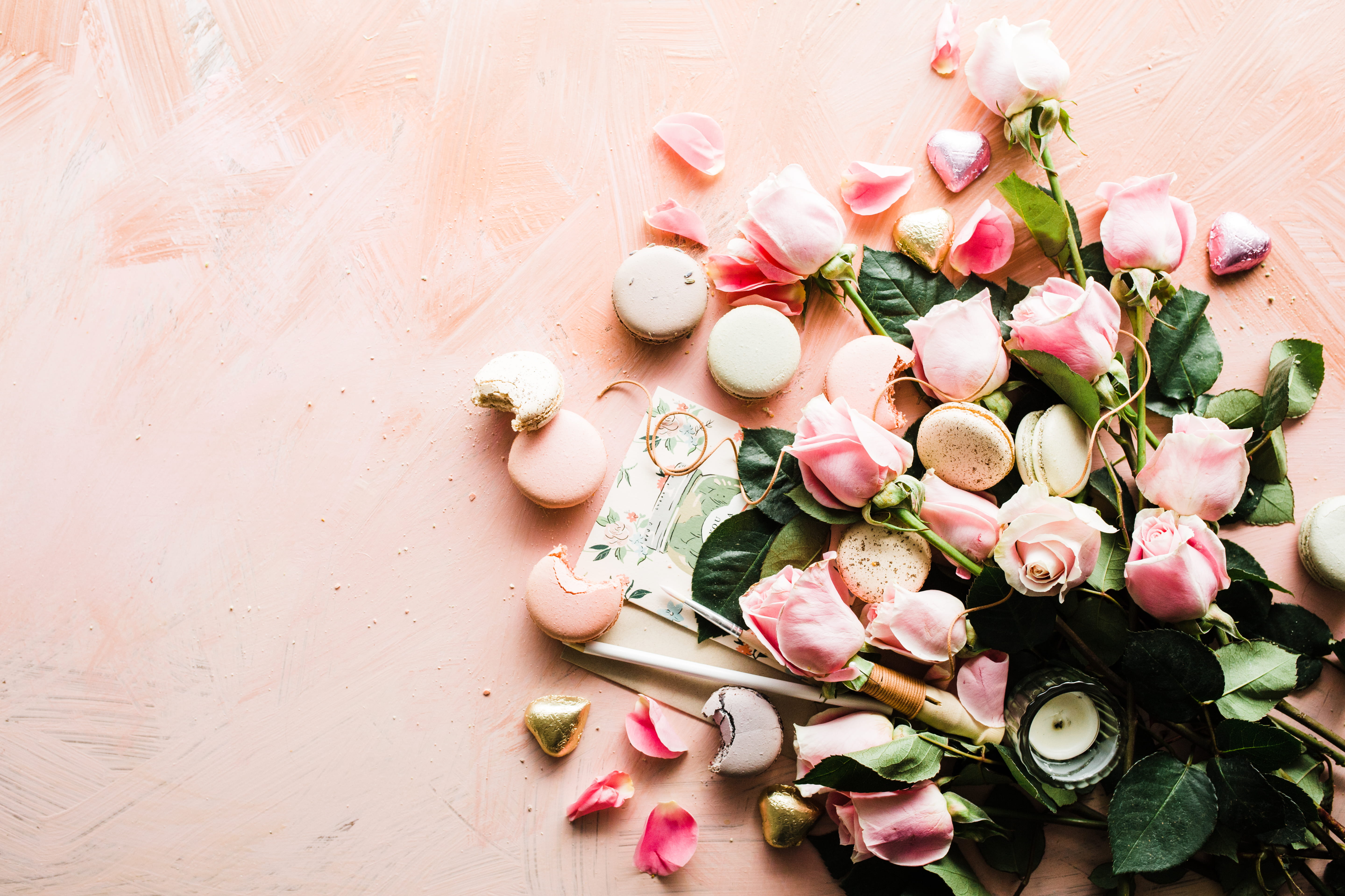 table, vulnerability, rose, cookies, petal, plant, peach, food, beauty in nature, flower arrangement, flatlay, food and drink, 5K, no people, rose - flower, HD Wallpaper