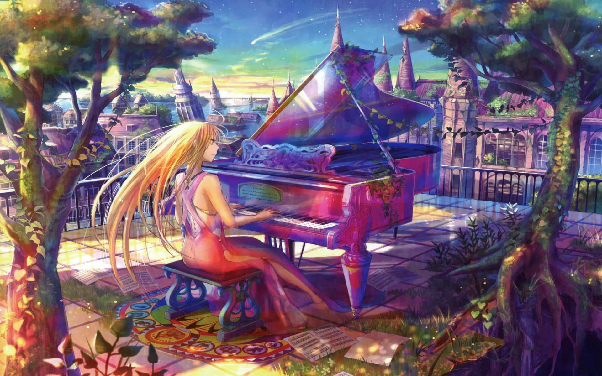 1080P, music, piano-play, anime, play, girl, piano, HD Wallpaper