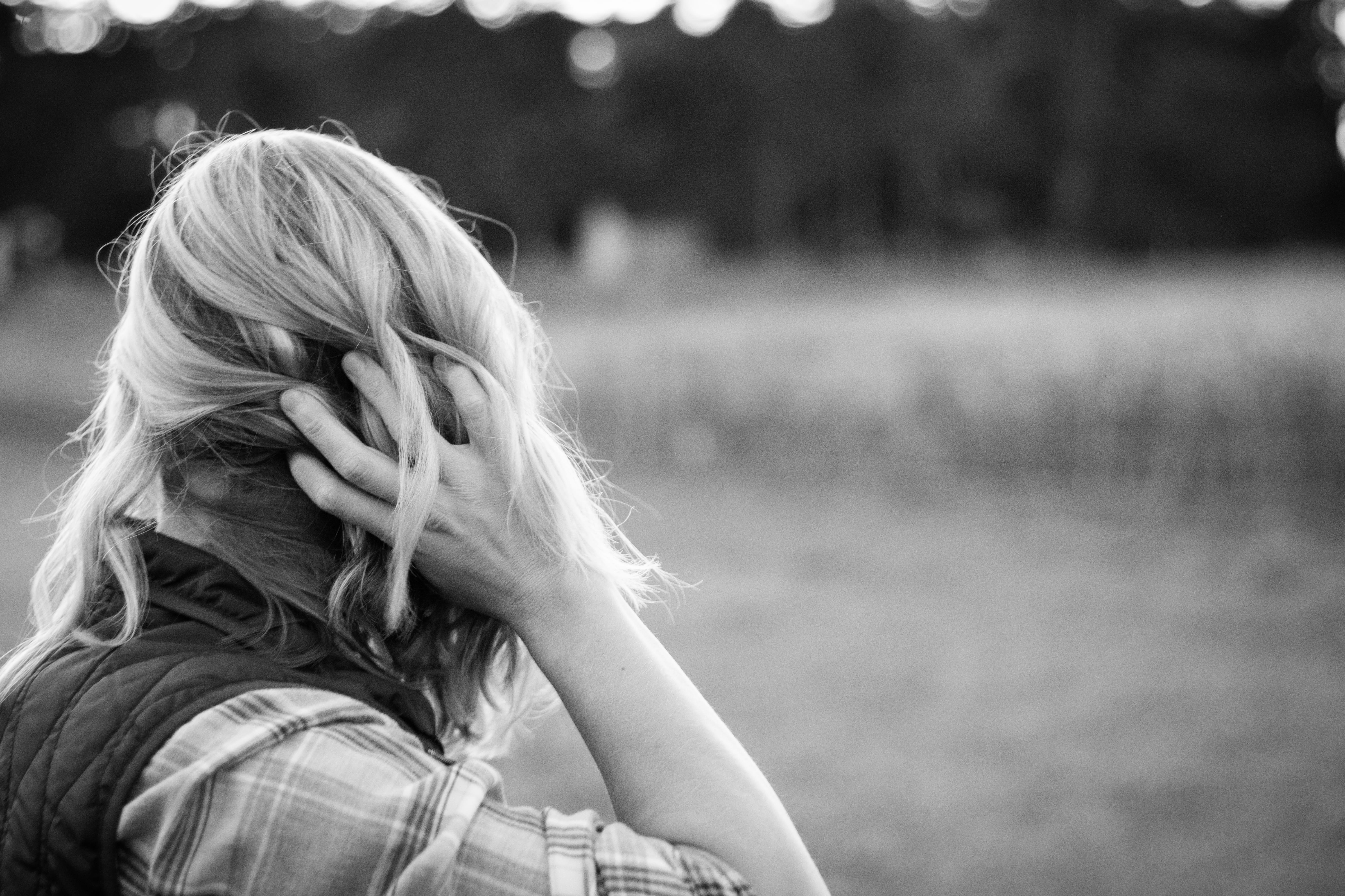 playing with hair, corn field, human, water, finger, candid, warm clothing, human hair, girl, photo, focus on foreground, day, portrait, rear view, person, HD Wallpaper