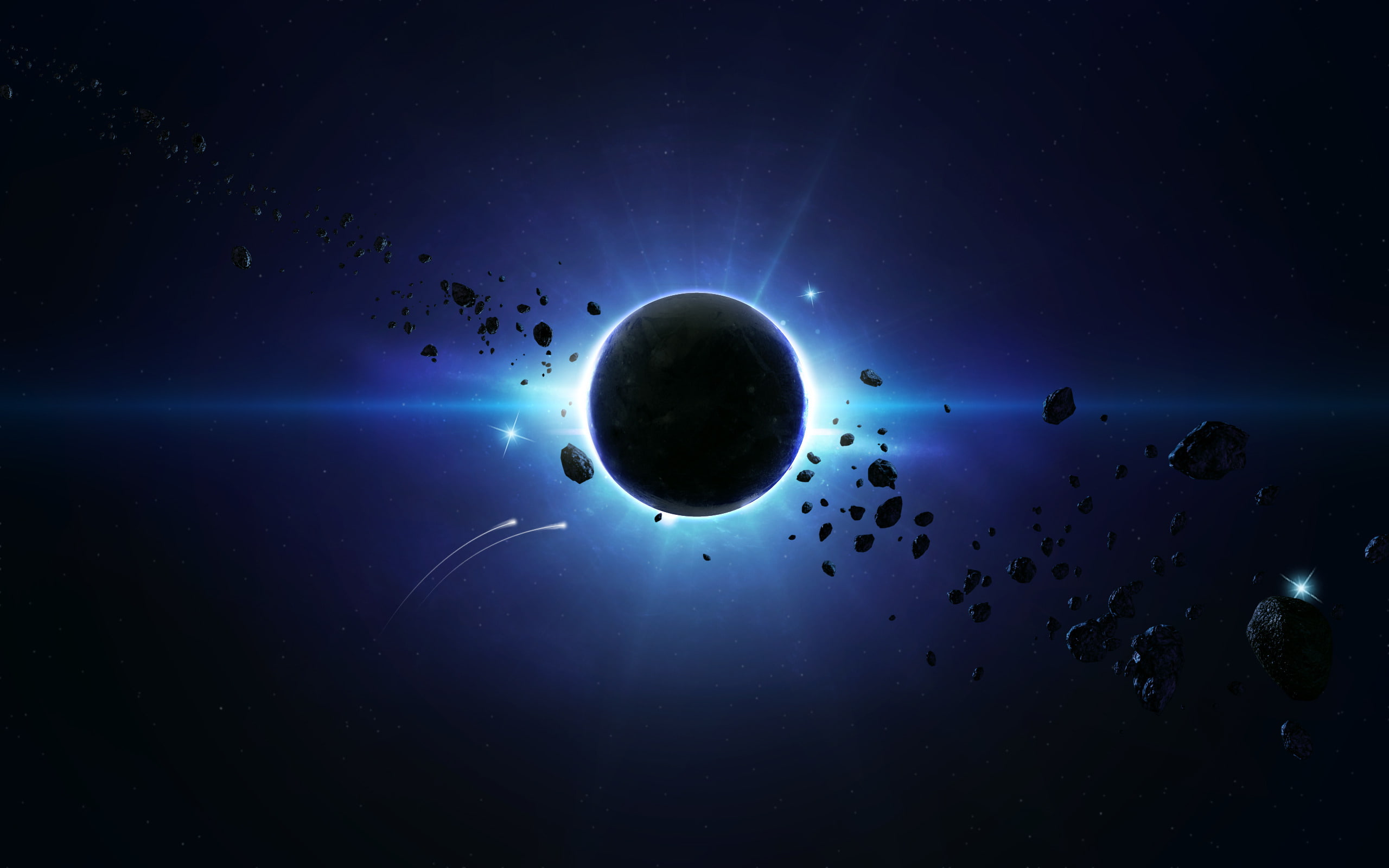 Behind the Scene, Blue Spase, Asteroids, Planet, 2K, HD Wallpaper