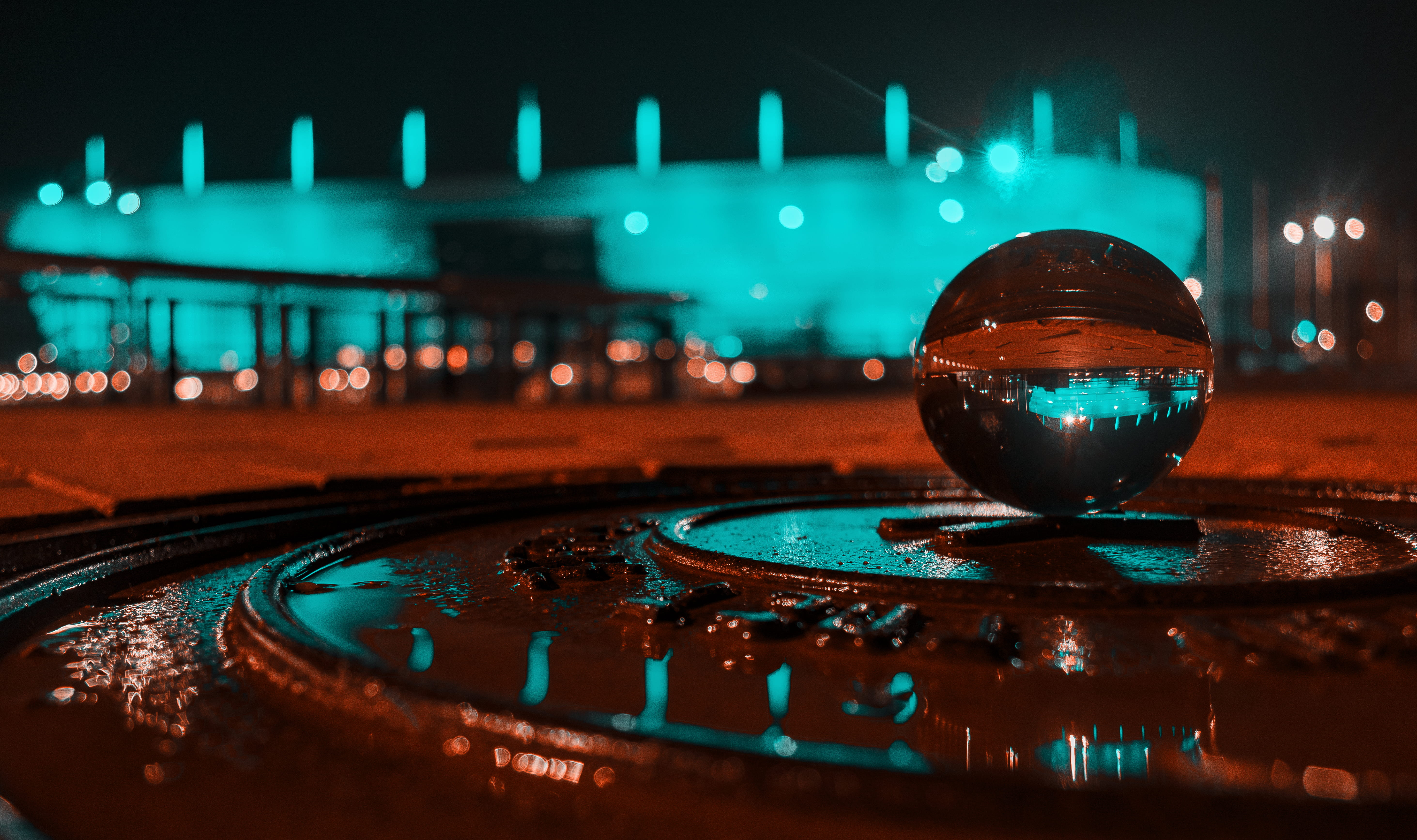backgrounds, 5K, water, pool, glisten, crystal ball, music, indoors, defocused, close-up, motion, colors, light, luminescence, blur, blurred background, HD Wallpaper