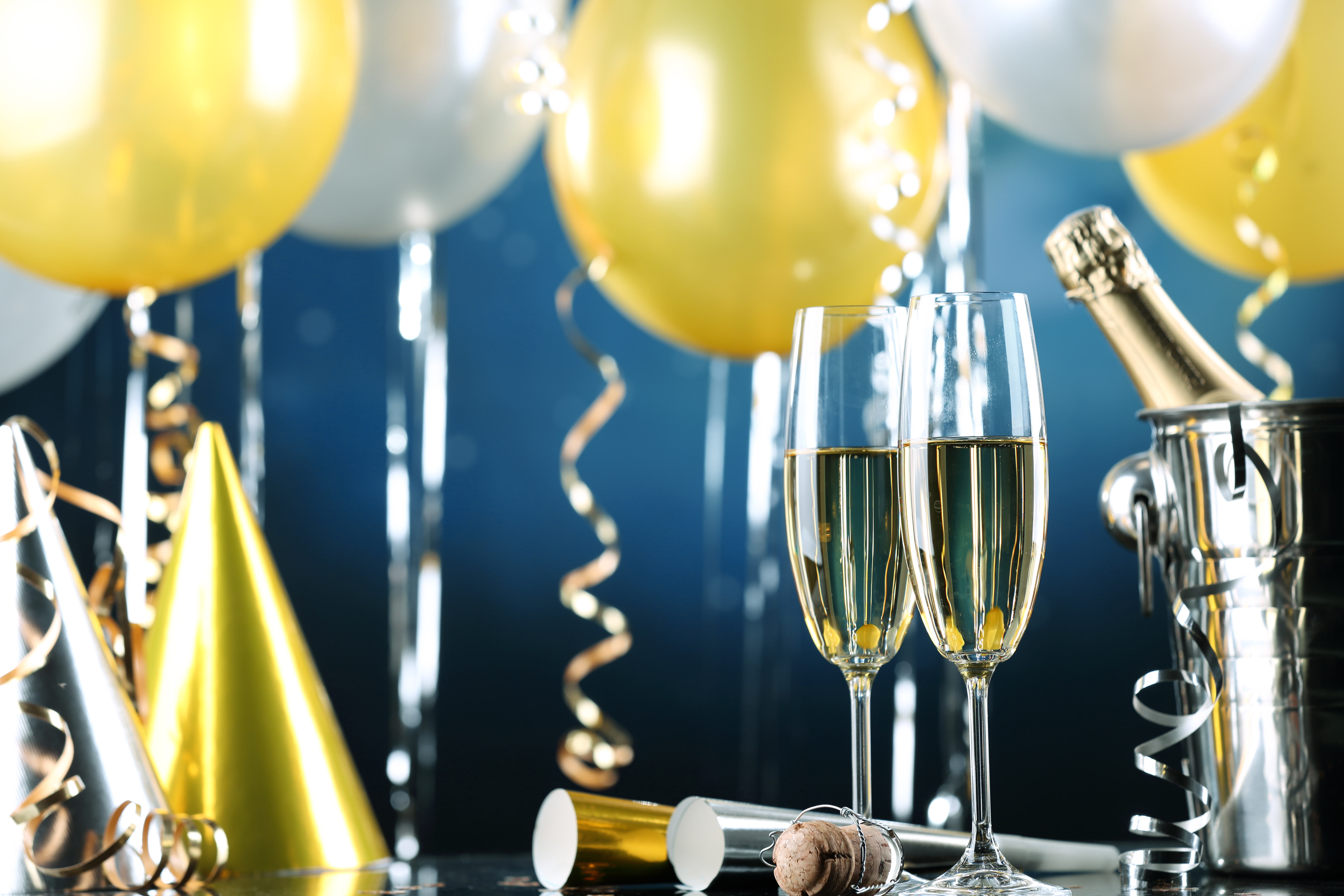 two, glasses, New Year, serpentine, 5K, Happy, golden, balls, holiday, champagne, celebration, HD Wallpaper
