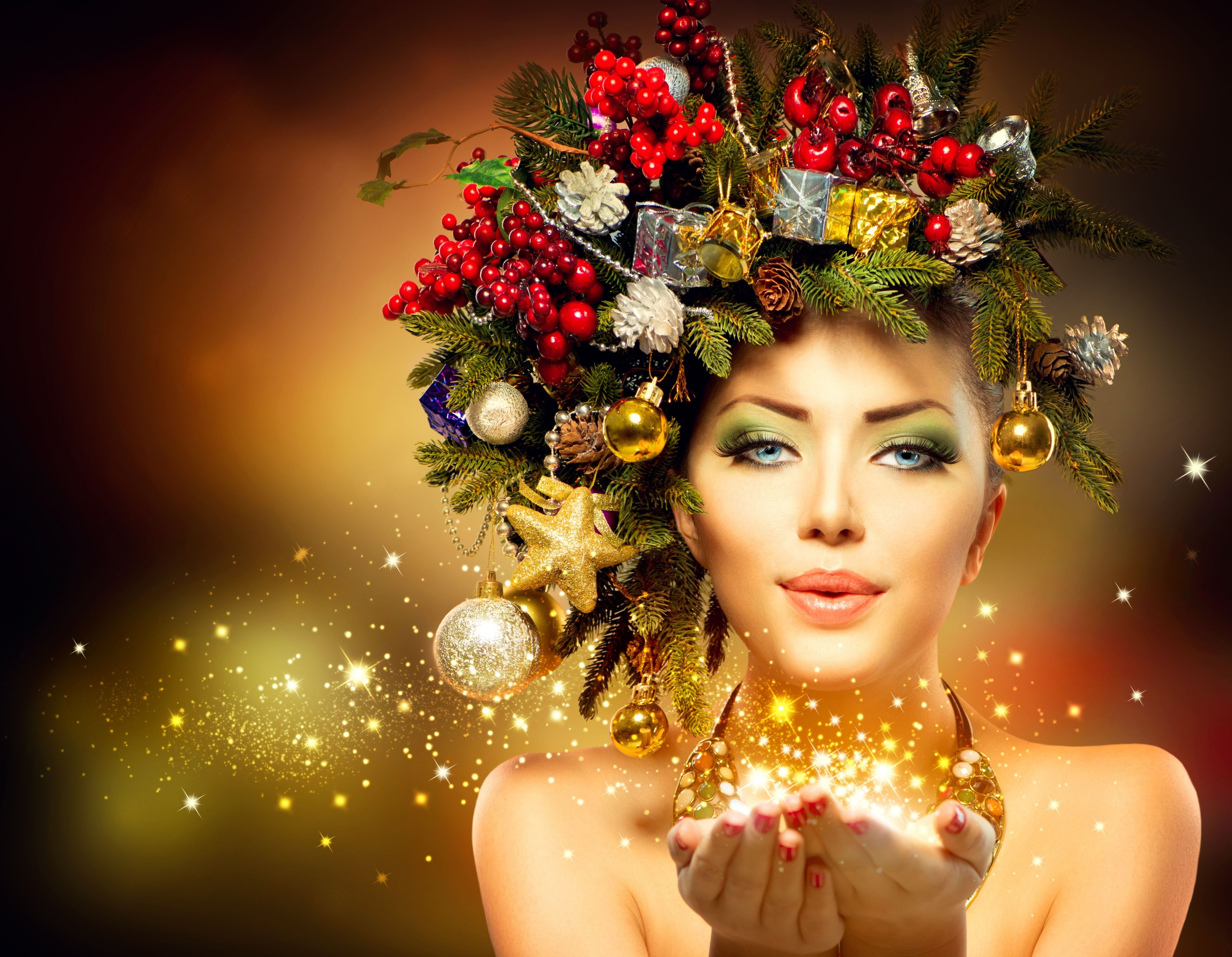 girl, hands, background, toys, Anna Subbotina, 5K, New year, model, Christmas decorations, face, sequins, style, look, makeup, spruce branches, HD Wallpaper