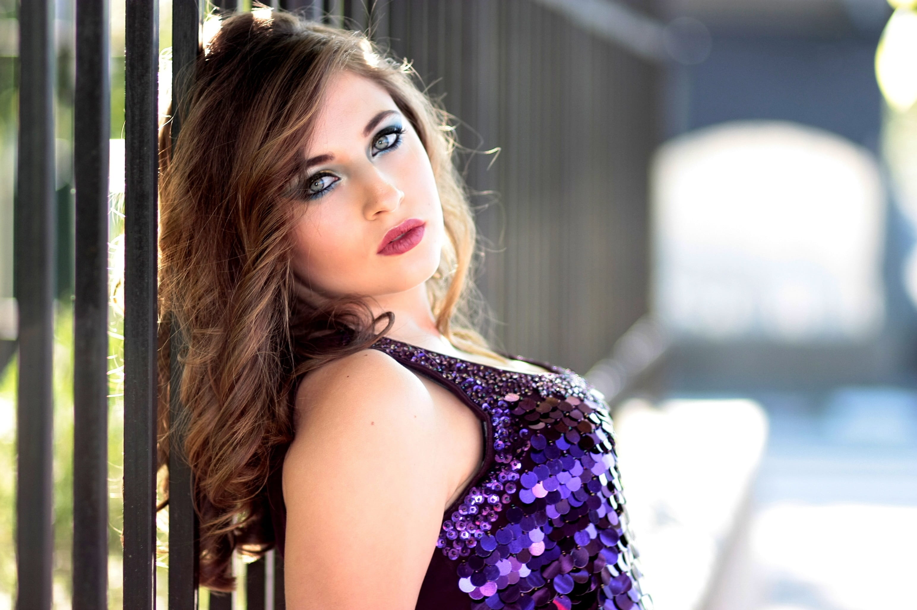 brown hair, tank, young adult, beautiful people, beauty, headshot, portrait, woman, wearing, hair, young women, 2K, looking at camera, top, sequins, women, HD Wallpaper