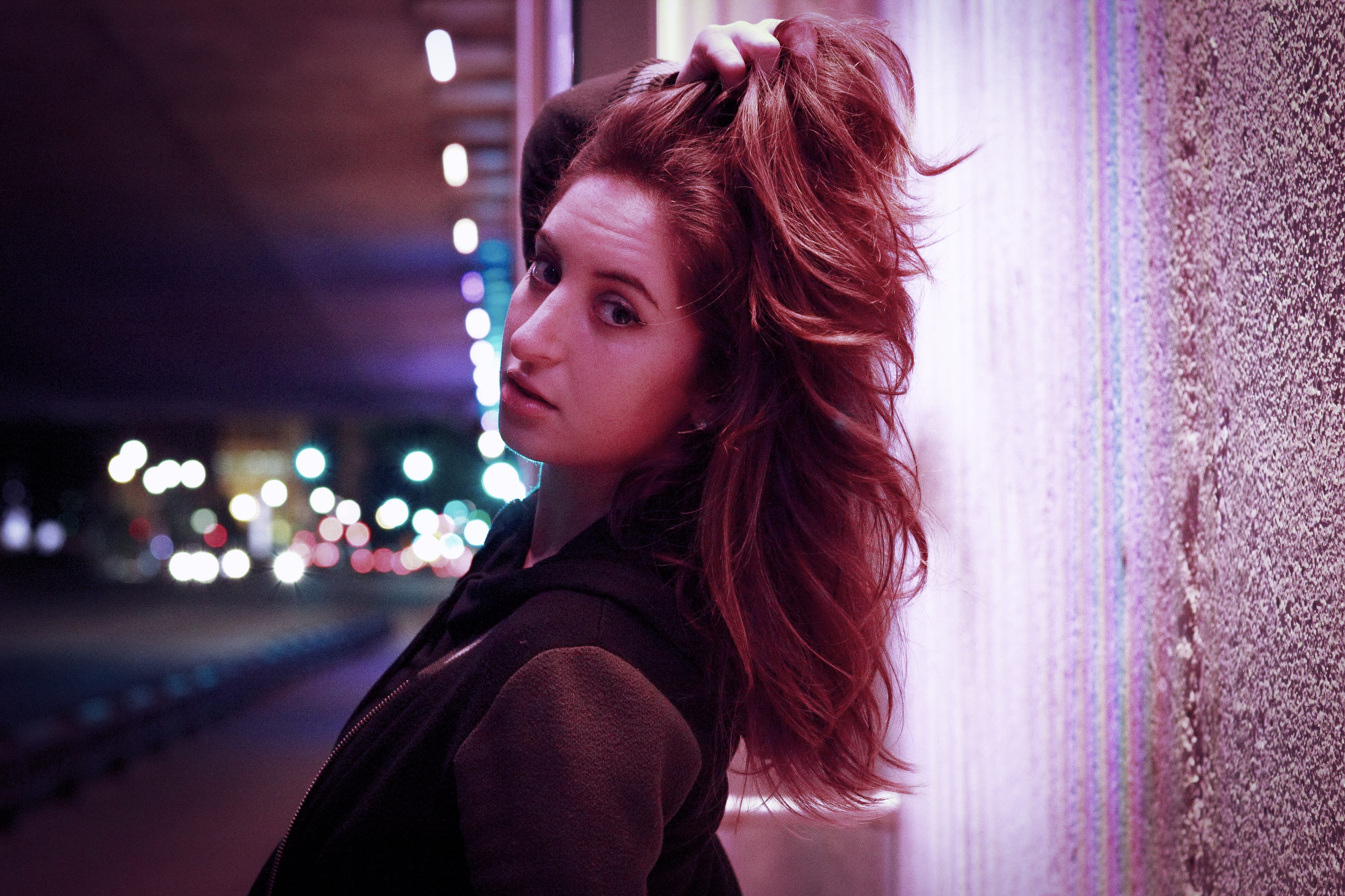 women, pose, lights, facial expression, model, human, looking over shoulder, one person, urban, side view, redhead, human hair, looking at camera, attractive, HD Wallpaper