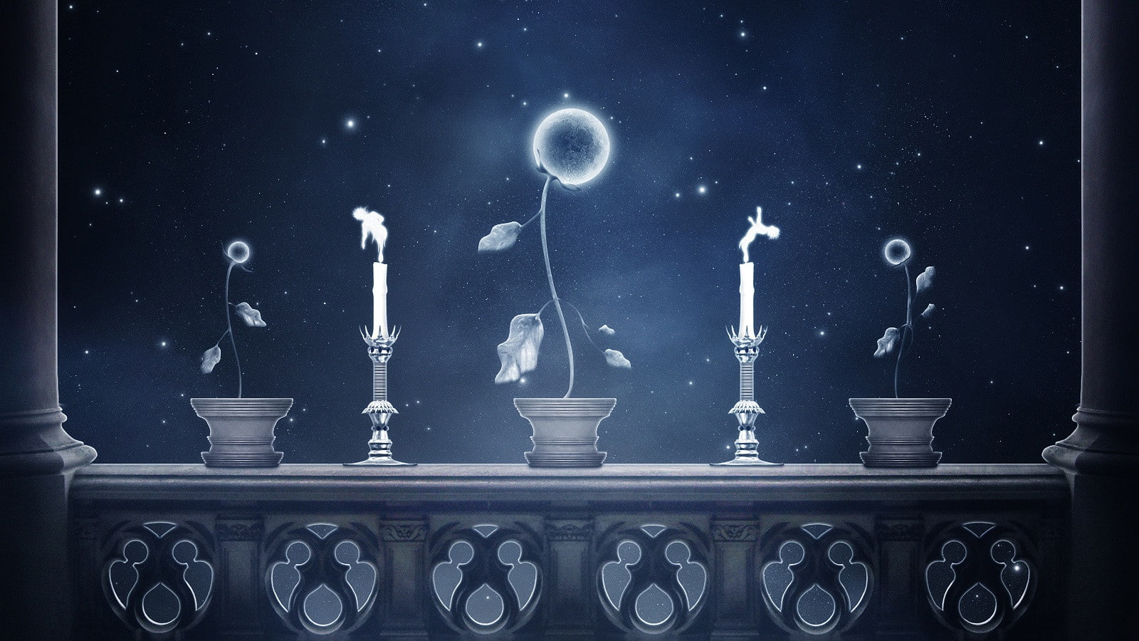 stars, 720P, moon, candle, night, flower, hd, fantasy, HD Wallpaper
