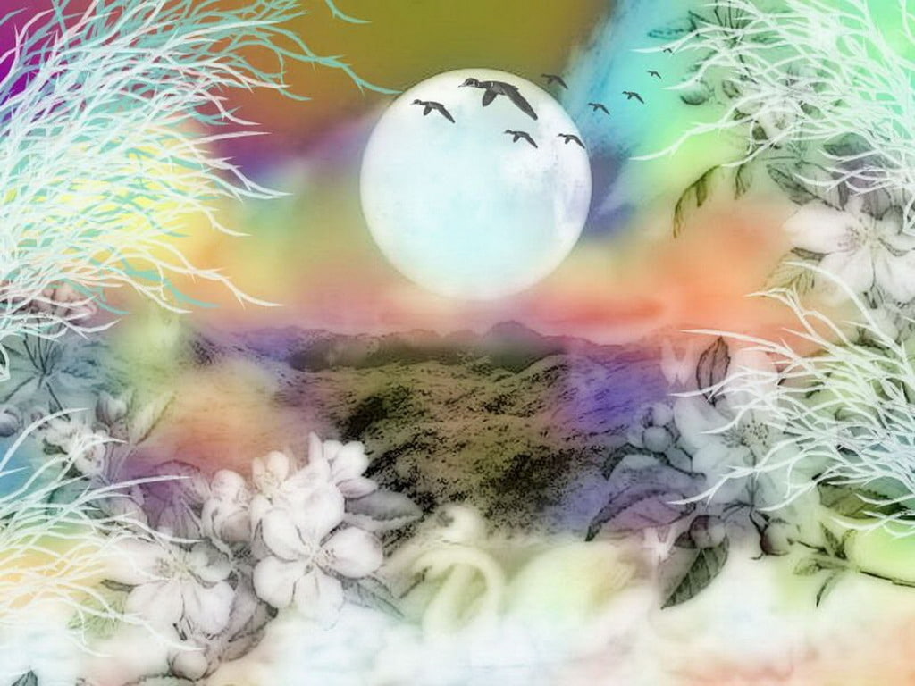 480P, painting, hd, flowers, moon, birds, fantasy, pastel, abstract, HD Wallpaper