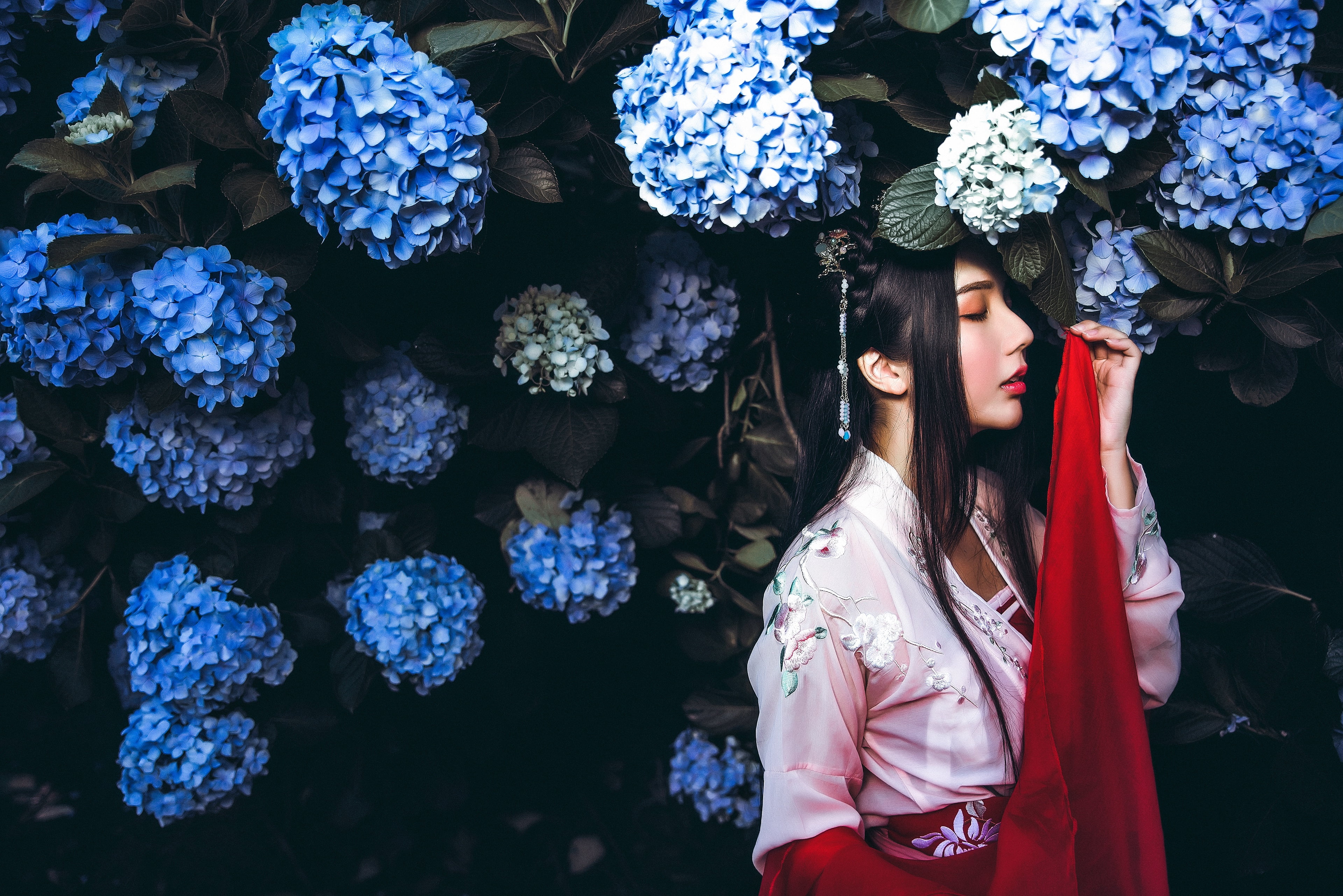 red, national costume, hairstyle, beauty, closed eyes, hydrangea, flowers, garden, girl, blue, kimono, brunette, 4K, the dark background, dress, inflorescence, HD Wallpaper
