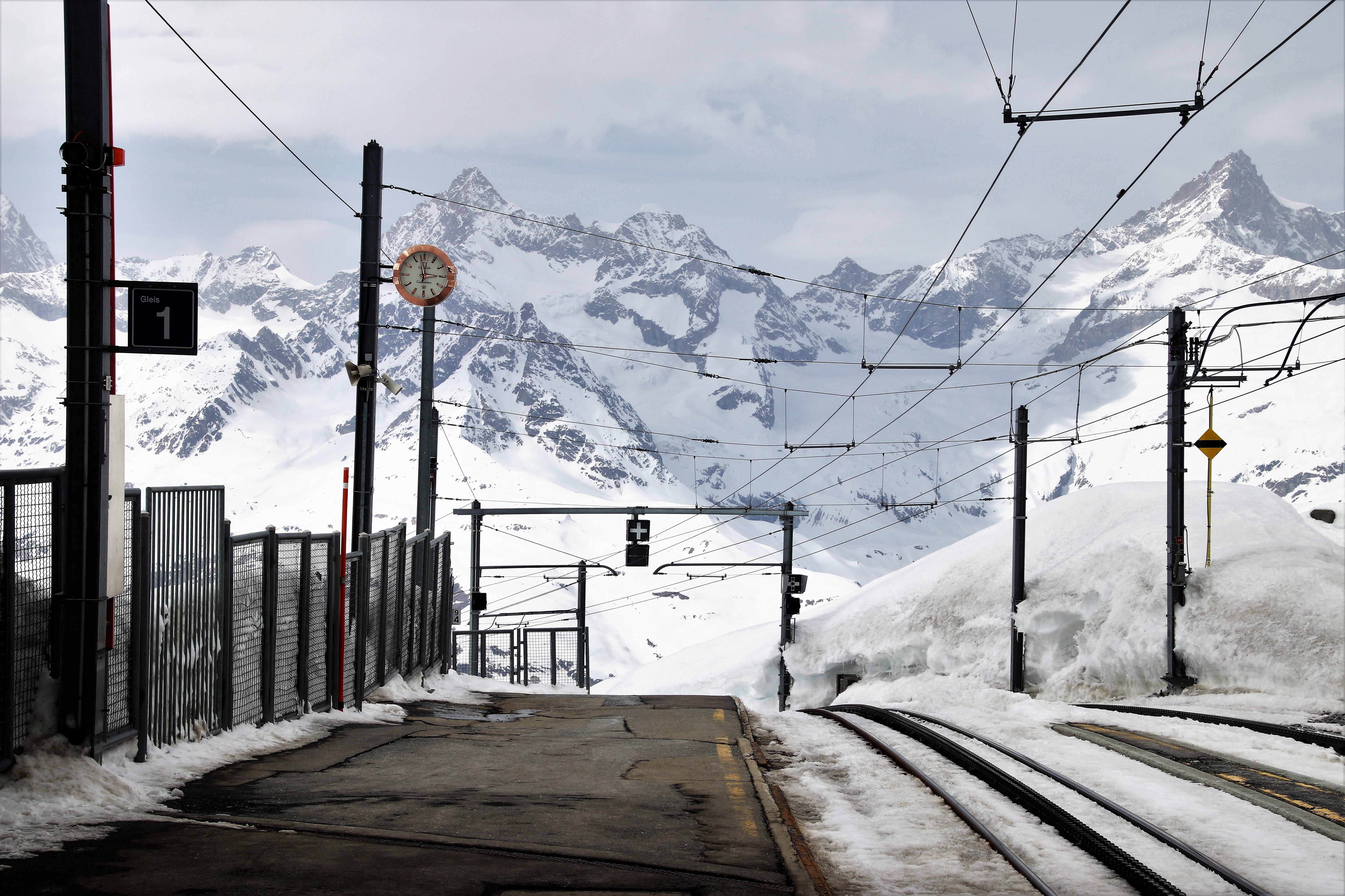 clock, no people, the station, railroad tracks, train track, zermatt, near, electricity, hours, transportation, transport, road, beauty in nature, communication, HD Wallpaper