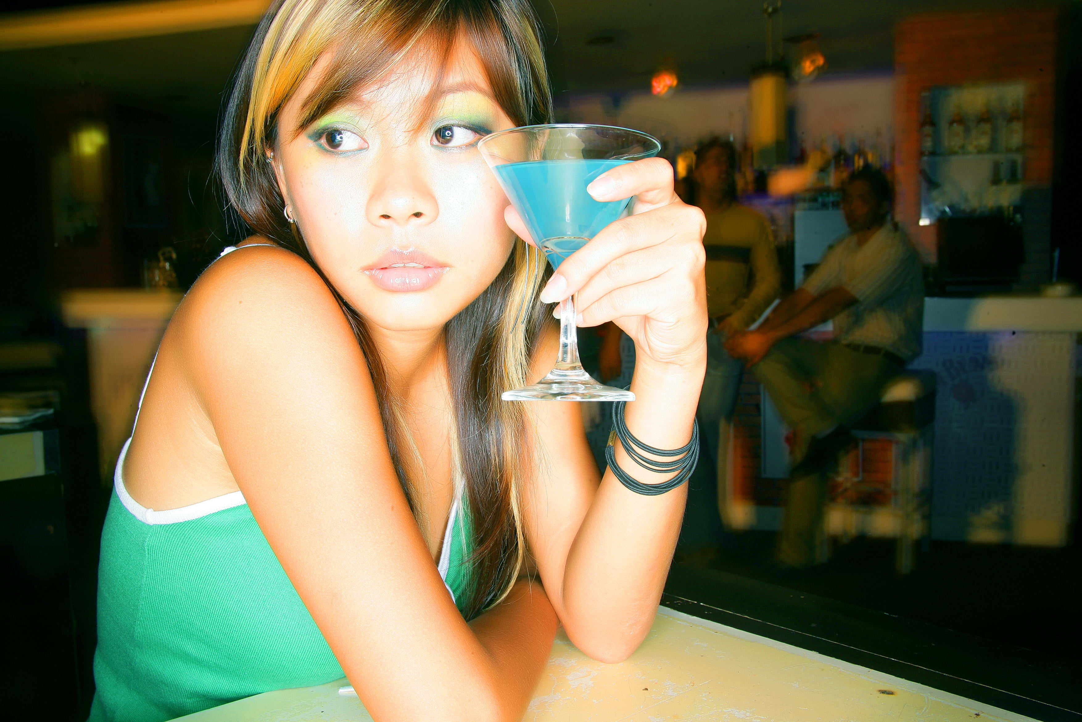 women, young adult, close, long hair, drink, blue, holding, alcohol, beauty, refreshment, food and drink, adult, beautiful woman, drinking, camisole, photography, HD Wallpaper