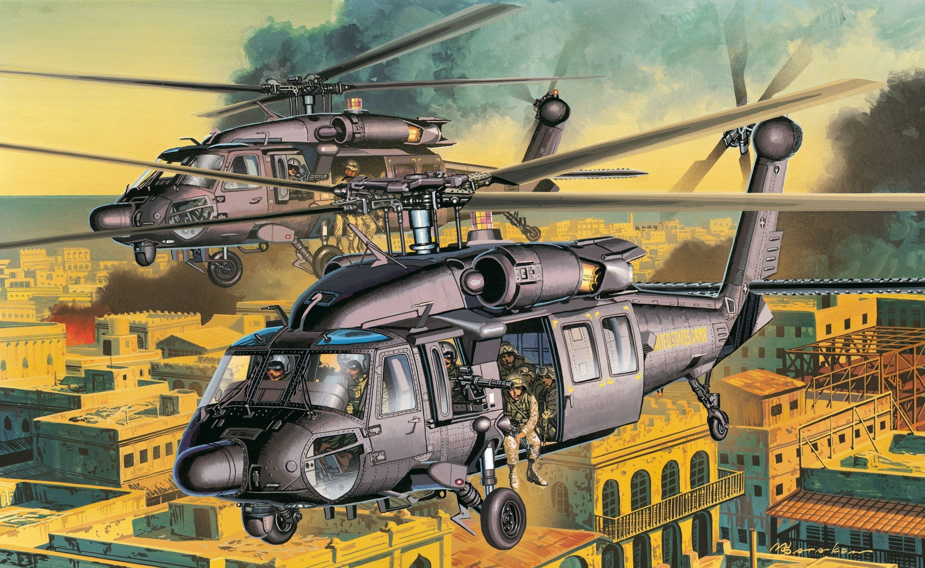 figure, shock, the city, helicopter, street, art, 2K, helicopters, AH-60, soldiers of special purpose, American, HD Wallpaper