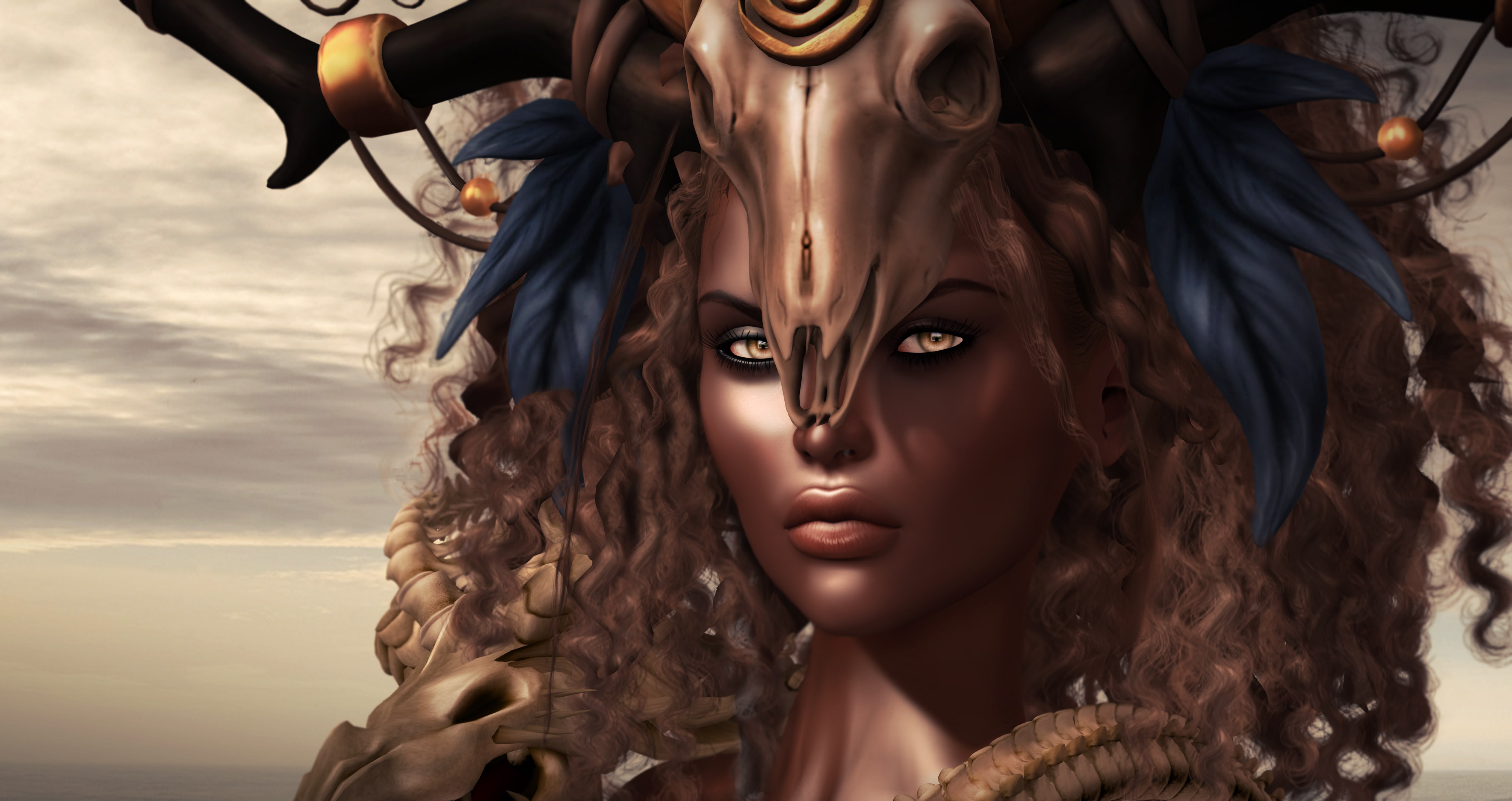 look, 4K, girl, mulatto, skull, face, headdress, HD Wallpaper