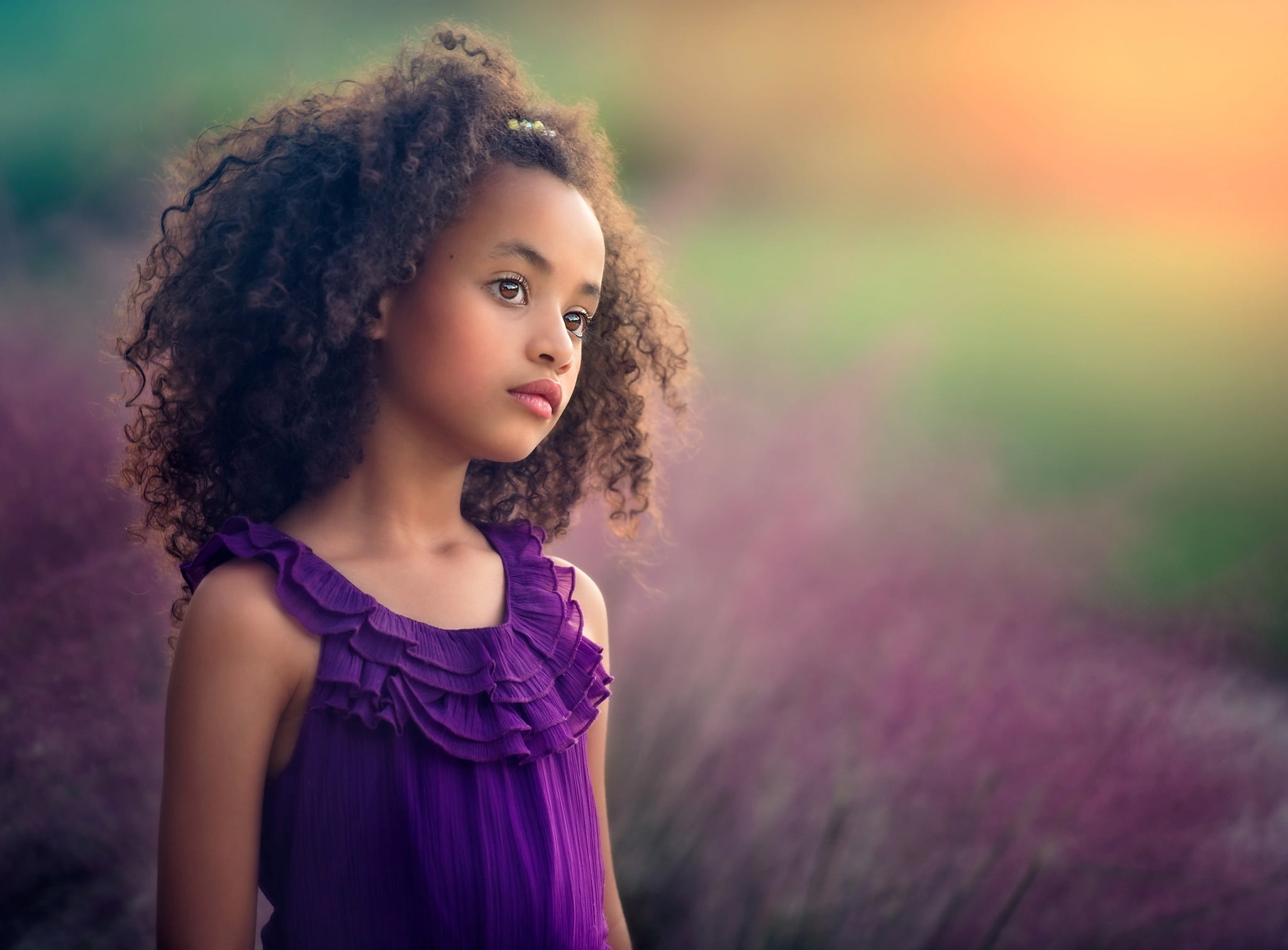field, mulatto, Edie Layland, curls, look, 1080P, child, lavender, summer, girl, HD Wallpaper