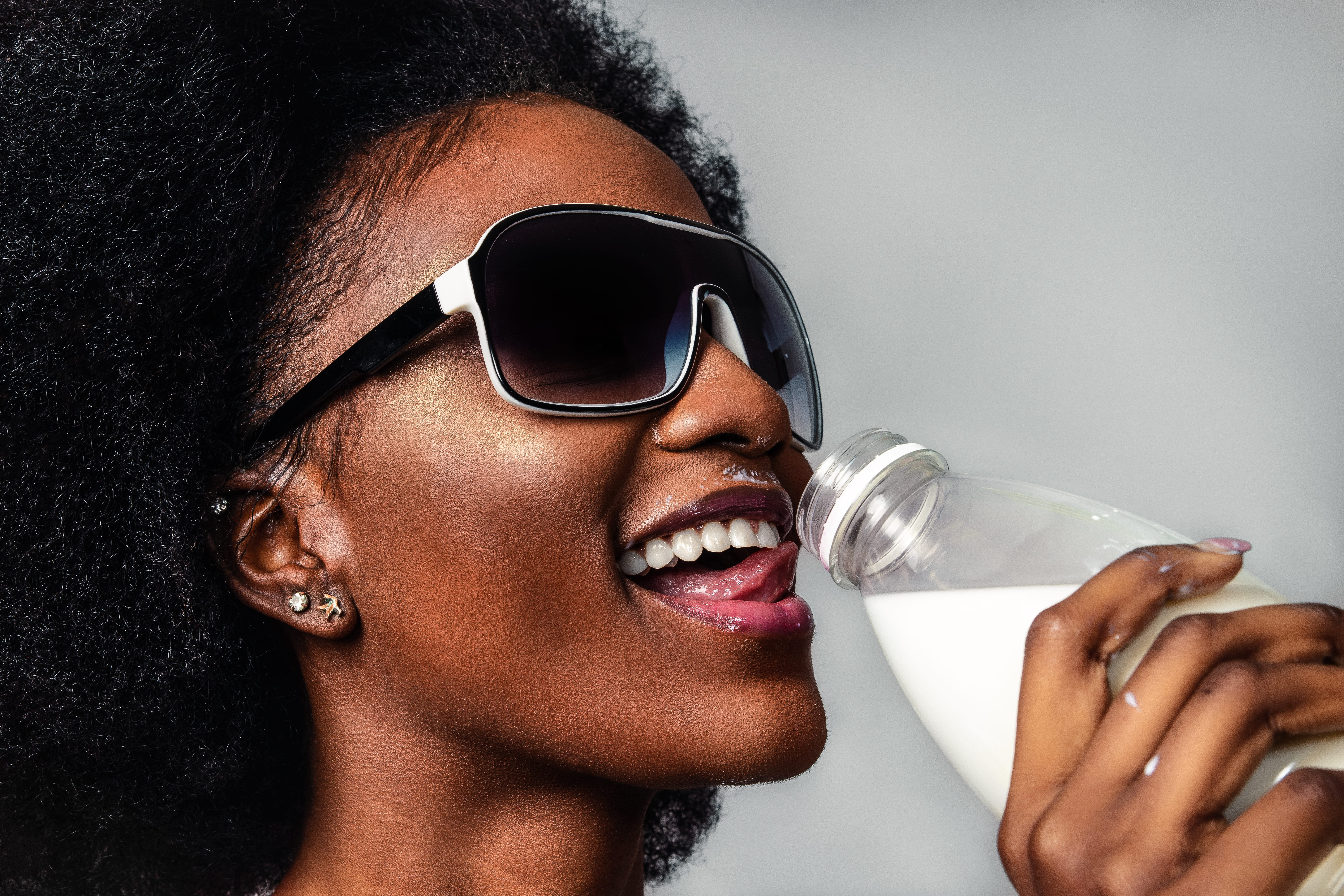 mouth open, human, accessory, glasses, happiness, fashion, indoors, studio shot, sunglasses, lightroom, light, emotion, milk, one person, black woman, headshot, HD Wallpaper