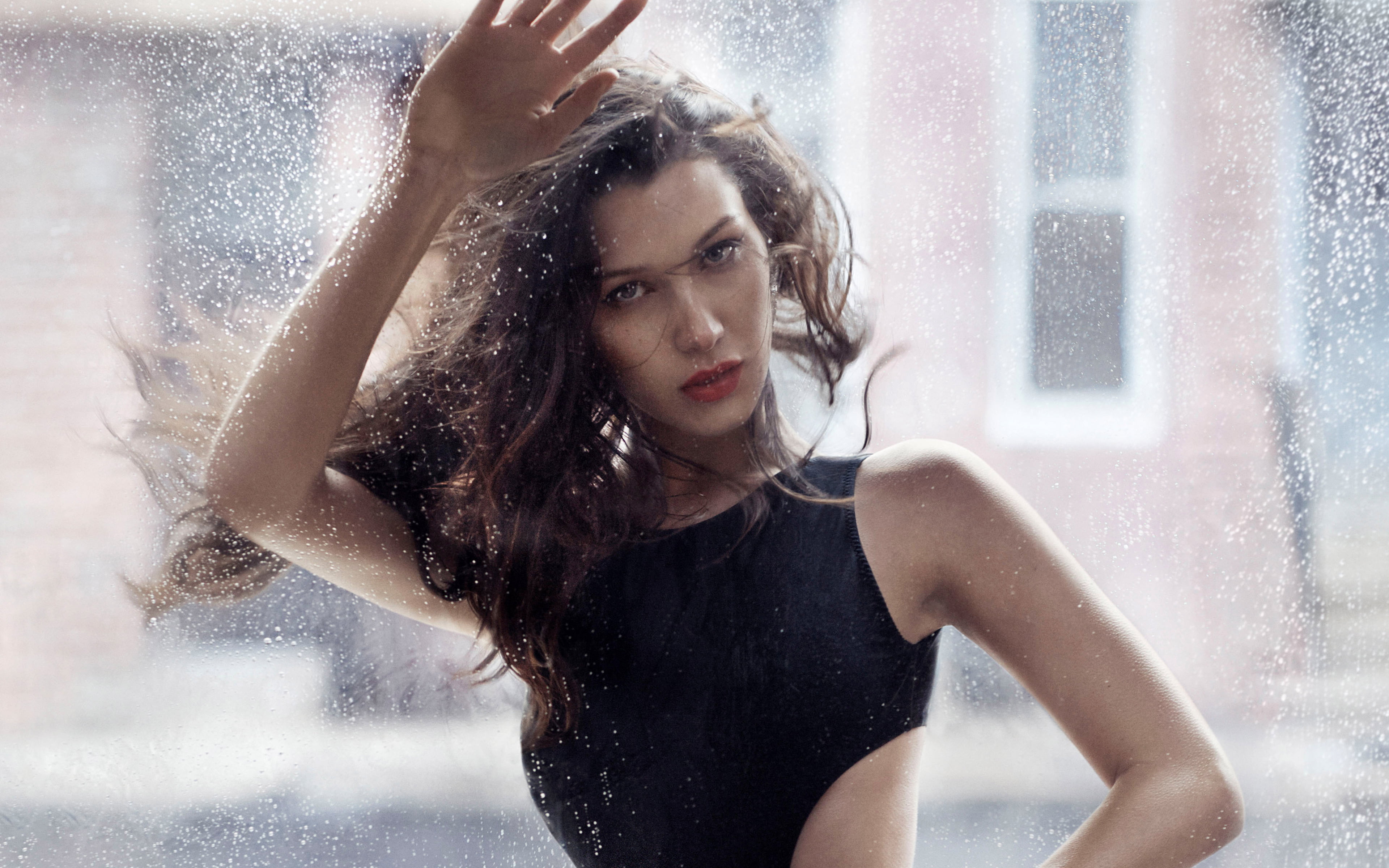 long hair, water drops, outdoors, women, contemplation, young adult, black hair, fashion, wet hair, looking, Bella Hadid, green eyes, adult, hair, one person, HD Wallpaper