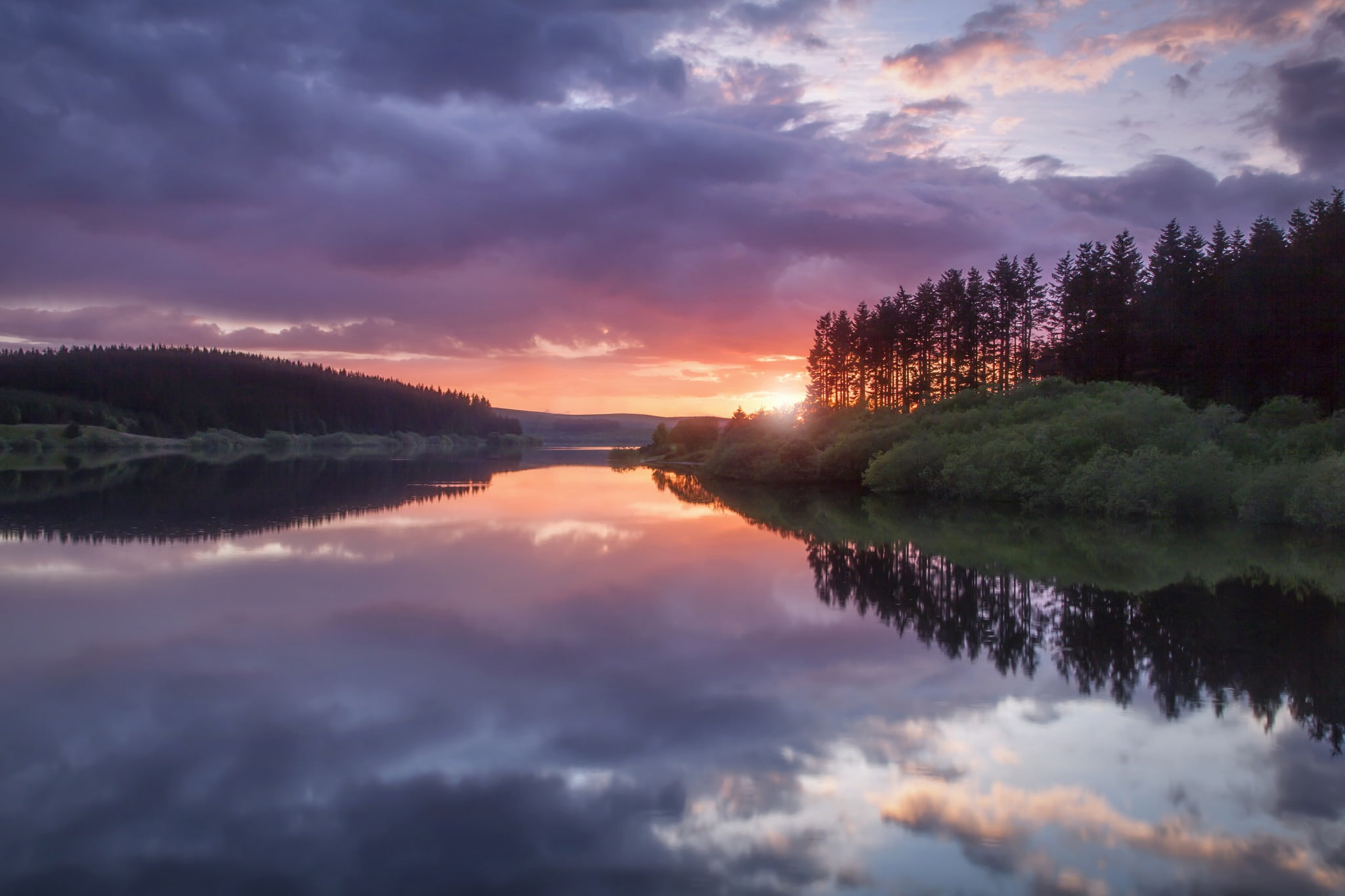 evening, kingdom, united, trees, water, reservoir, clouds, forest, shore, Wales, sky, surface, reflection, Sunset, United Kingdom, 1080P, HD Wallpaper