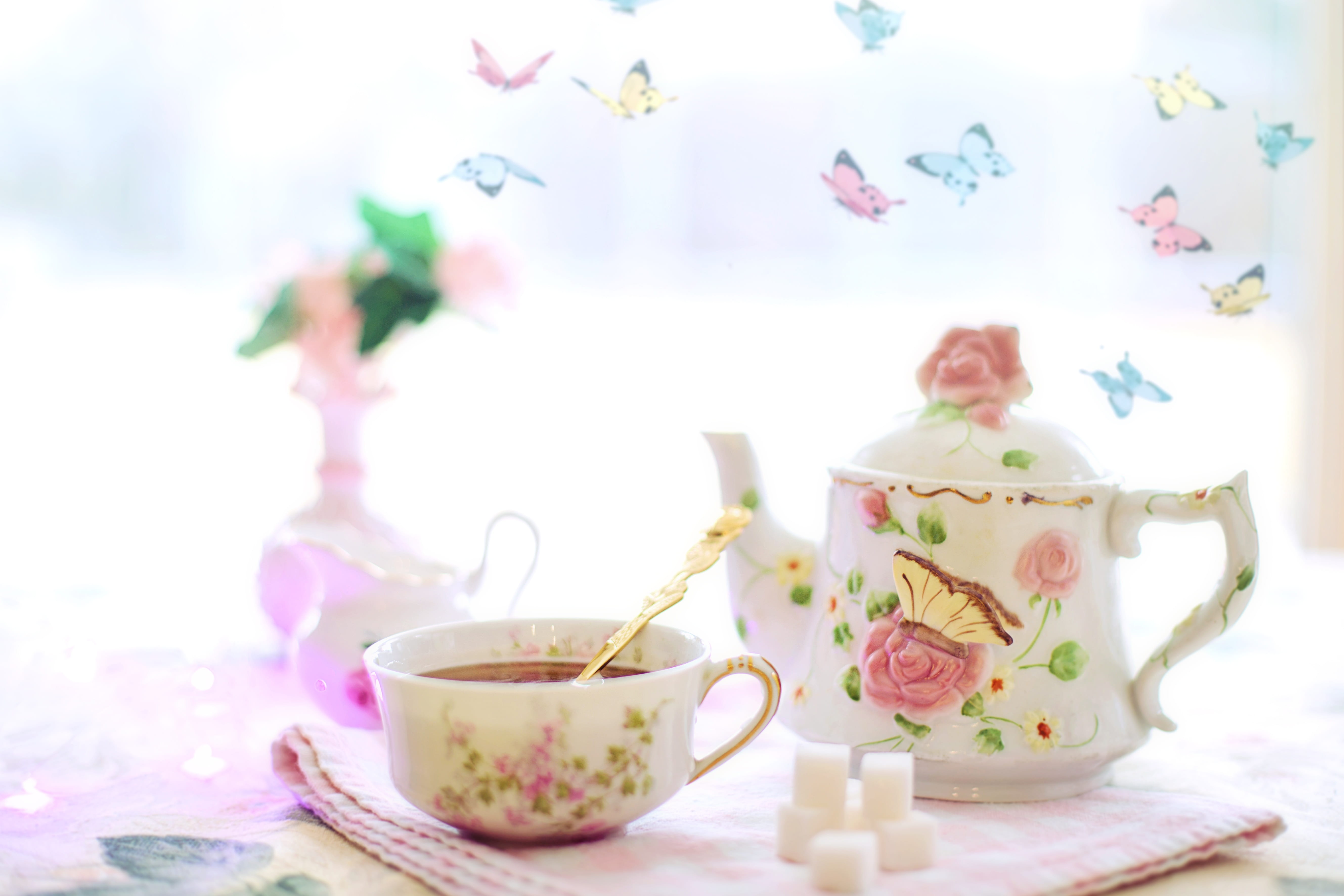 cup, 5K, indoors, spring, tea, saucer, tea cup, pattern, china, afternoon tea, table, butterflies, crockery, drink, teacup, refreshment, tea pot, close-up, HD Wallpaper