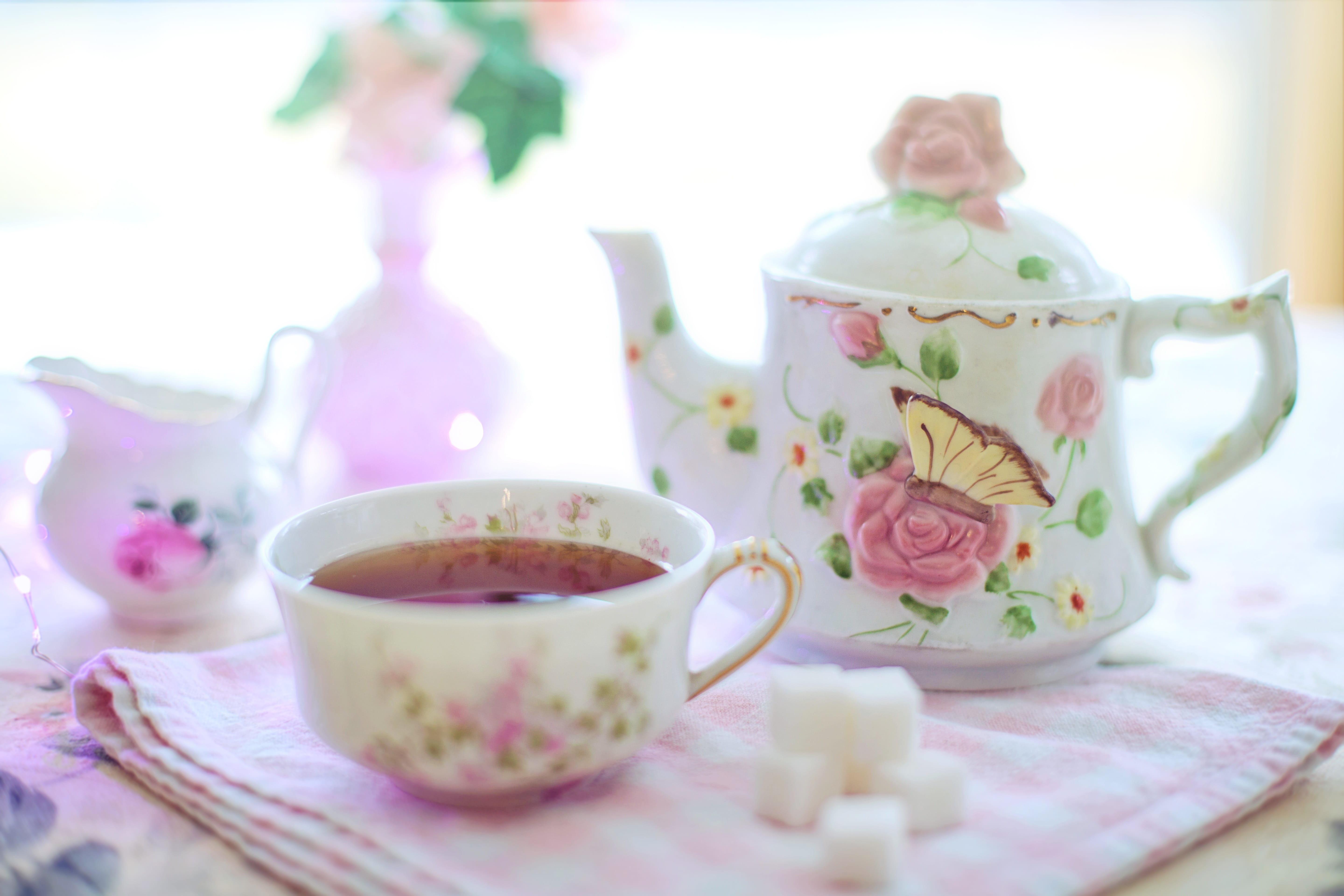 butterflies, table, food and drink, 5K, teapot, no people, freshness, hot drink, ceramic, saucer, breakfast, cup, floral pattern, mug, pretty, tea - hot drink, HD Wallpaper