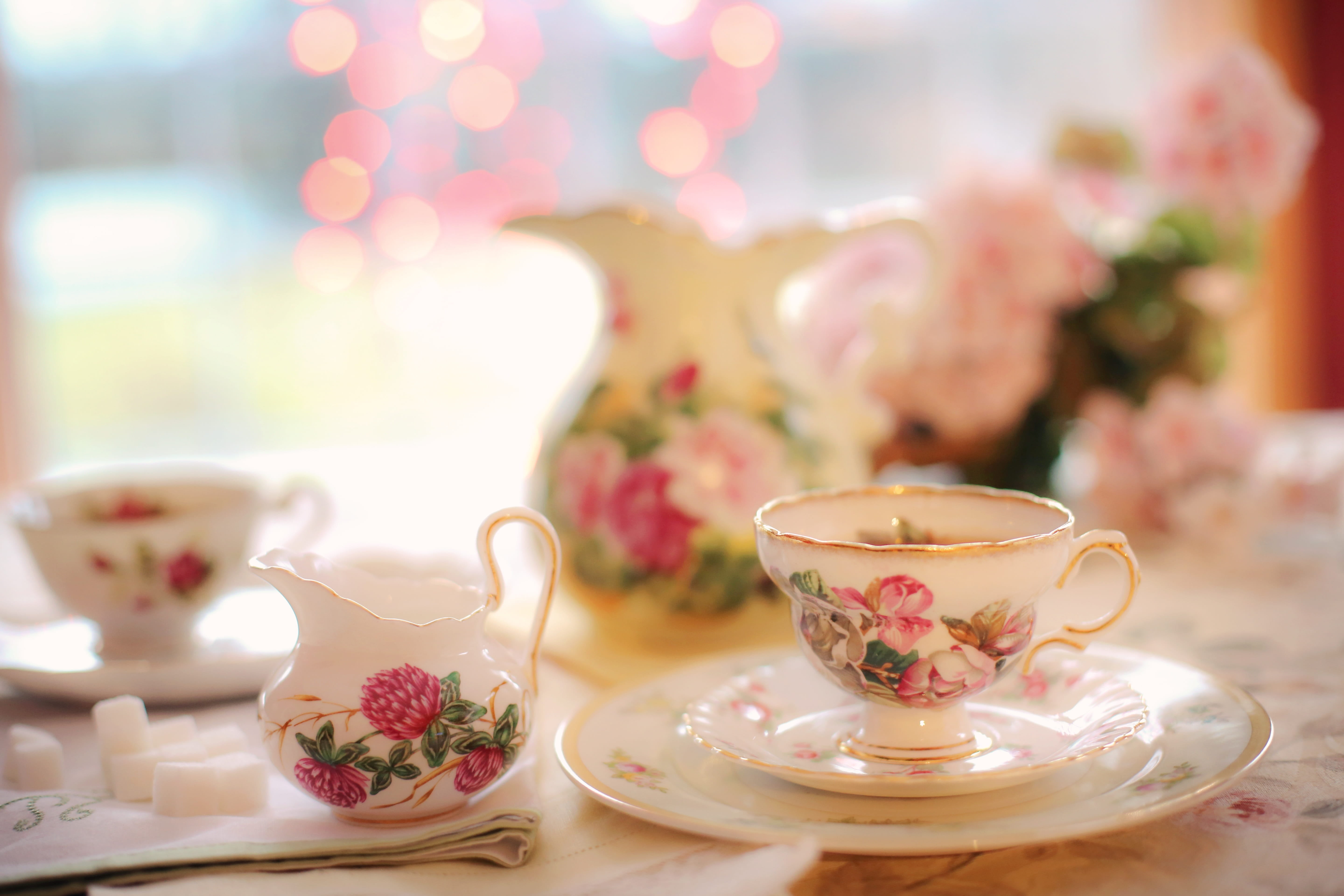 tea, flower, cup, focus, tea party, refreshment, focus on foreground, food, freshness, food and drink, pink, flowering plant, saucer, white, 5K, table, HD Wallpaper
