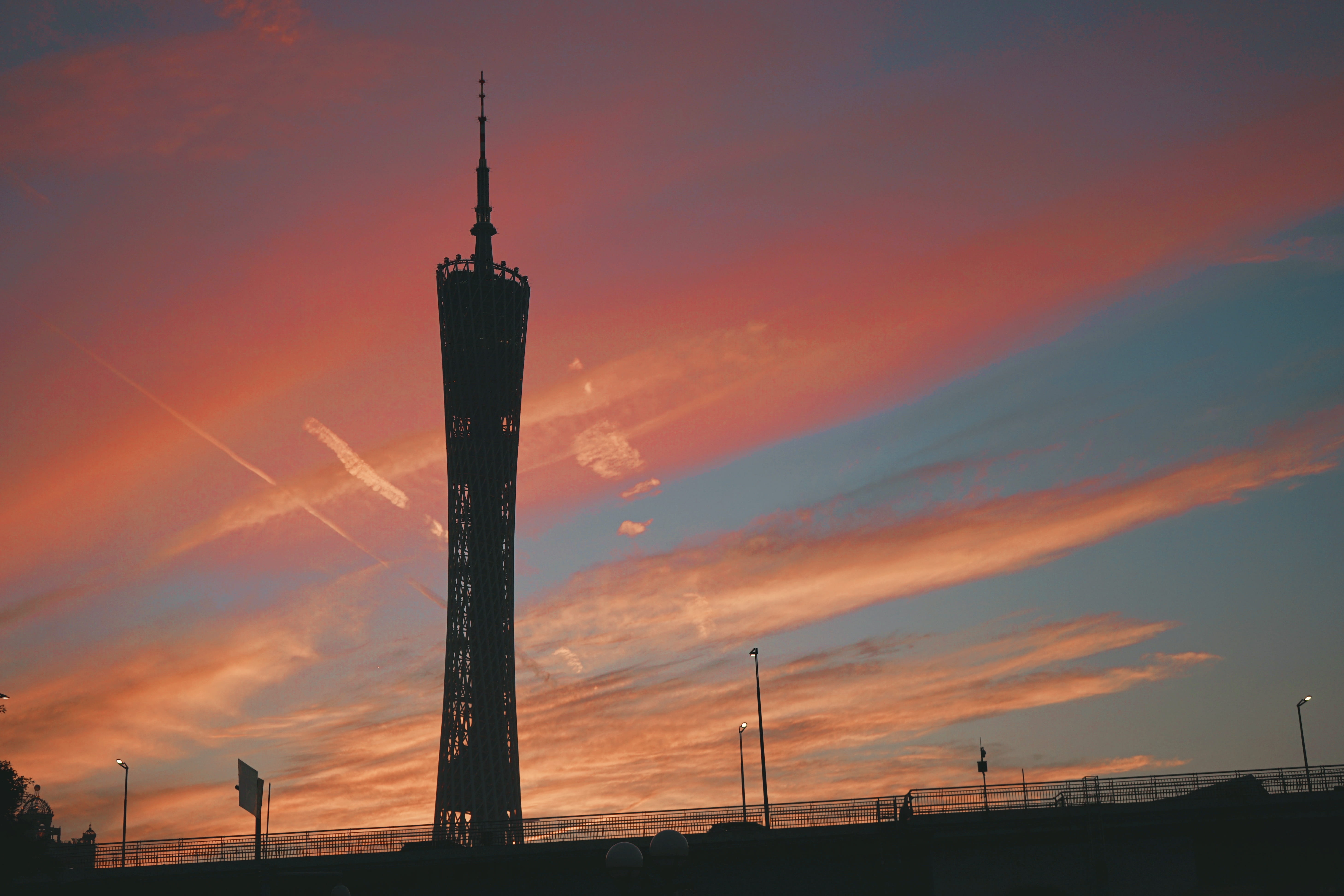 cloud - sky, afternoon, wonderful, guangzhou, 5K, sky, built structure, pink, building, orange color, silhouette, connection, tall - high, nature, tower, HD Wallpaper