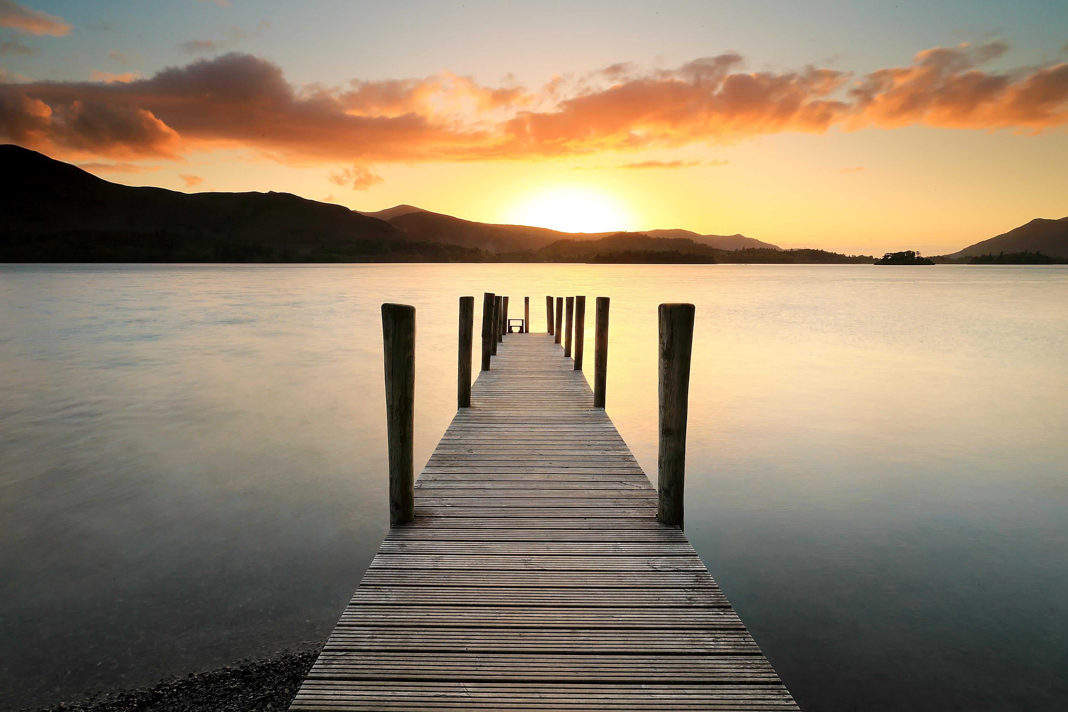 lake, outdoors, pier, jetty, clouds, nature, boardwalk, scenics, blue, wooden, Spring, near, Lake District, sun, English Lakes, sunset, Lakes  Cumbria, HD Wallpaper