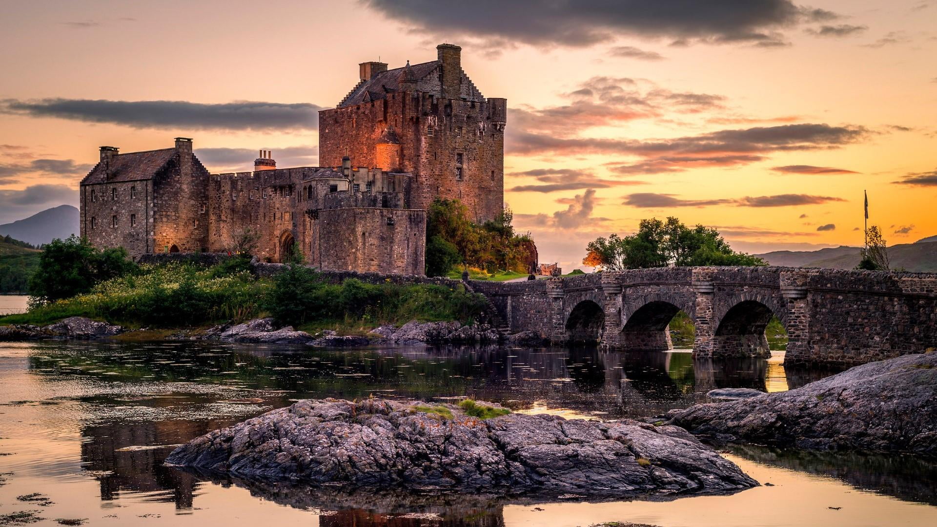 the past, sky, eilean donan castle, 1080P, dornie, sunset, old, ancient, kyle of lochalsh, building exterior, ruined, travel destinations, castle, connection, HD Wallpaper