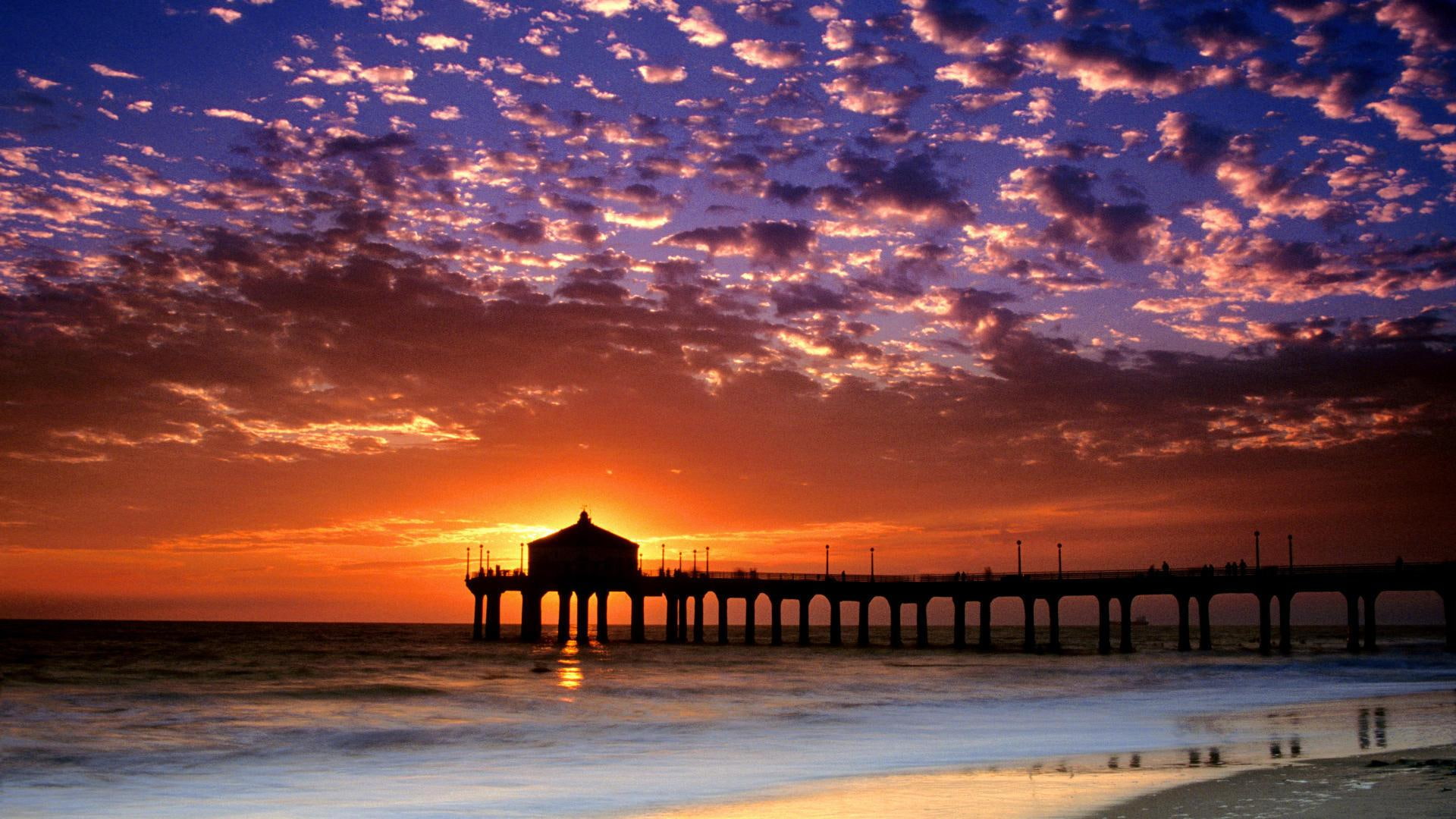 sunset, nature and landscapes, manhattan, clouds, pier, beach, sky, colorful, 1080P, HD Wallpaper