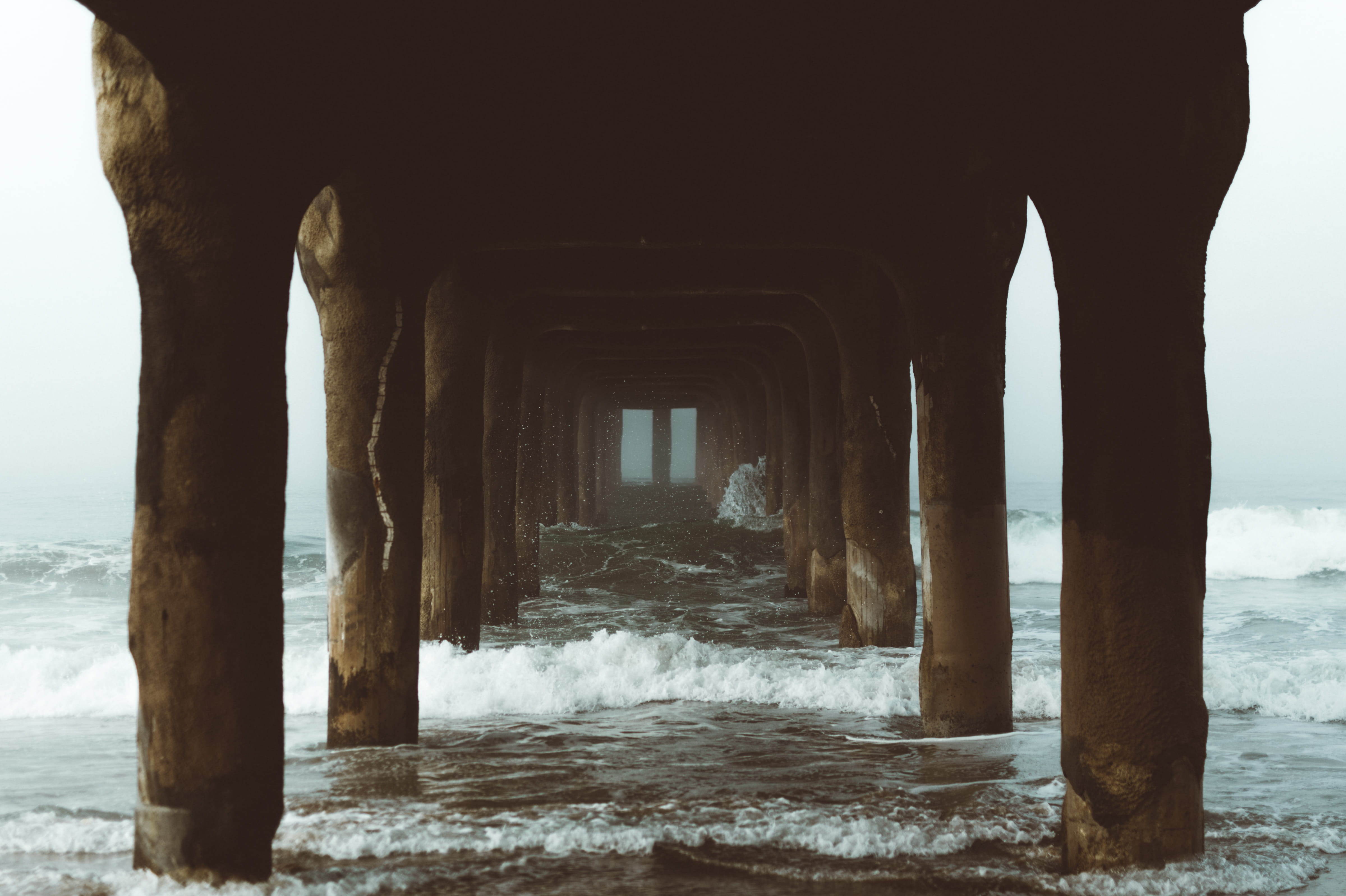 motion, horizon, nature, posts, outdoors, la, wave, day, land, surf, aquatic sport, sea, dock, no people, cold temperature, los angeles, fog, HD Wallpaper
