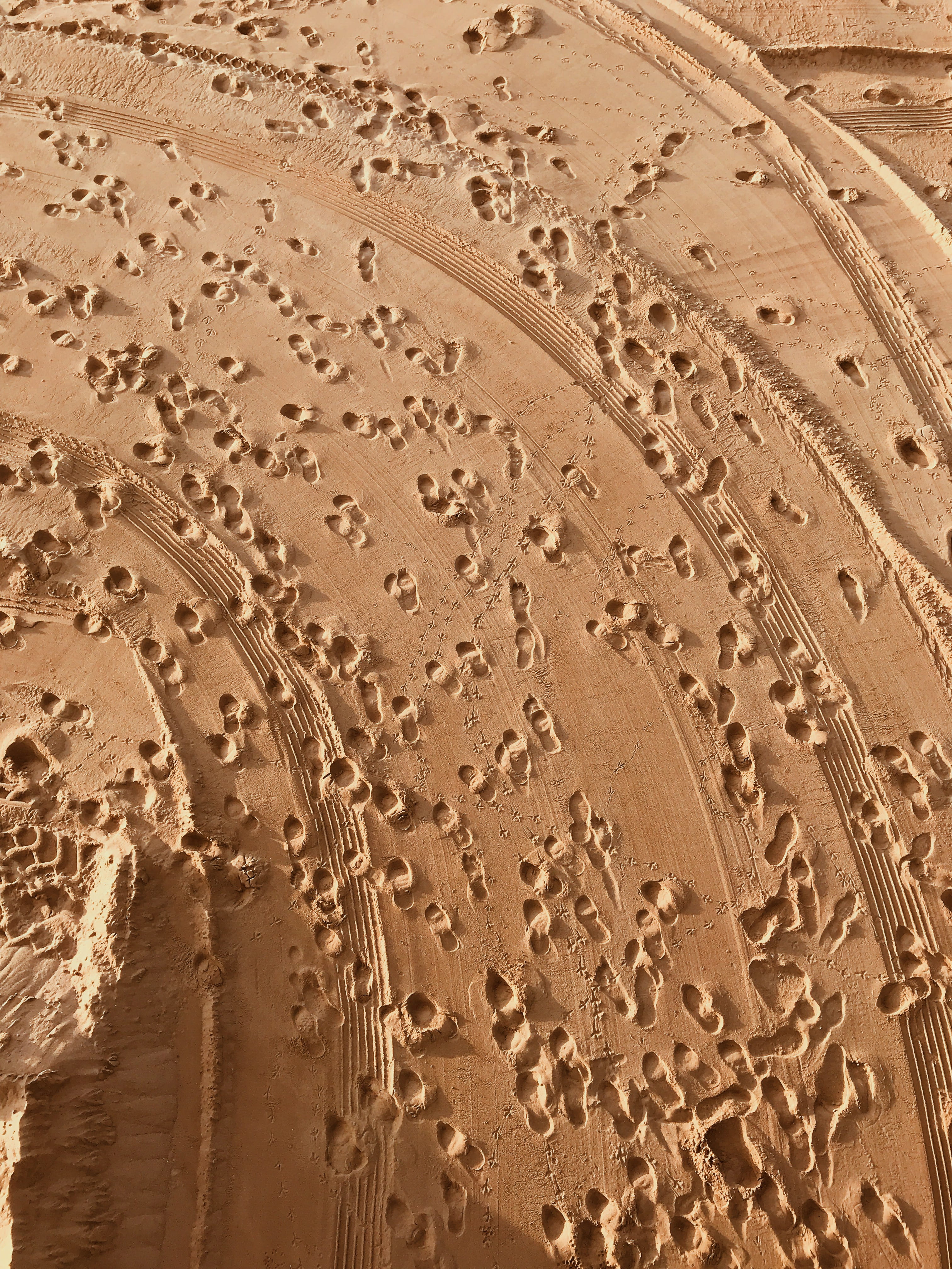 land, print, landscape, tire track, scenery, pattern, wet, desert, foot, tire mark, 4K, nature, footprint, united states, close-up, high angle view, manhattan beach, Phone HD Wallpaper