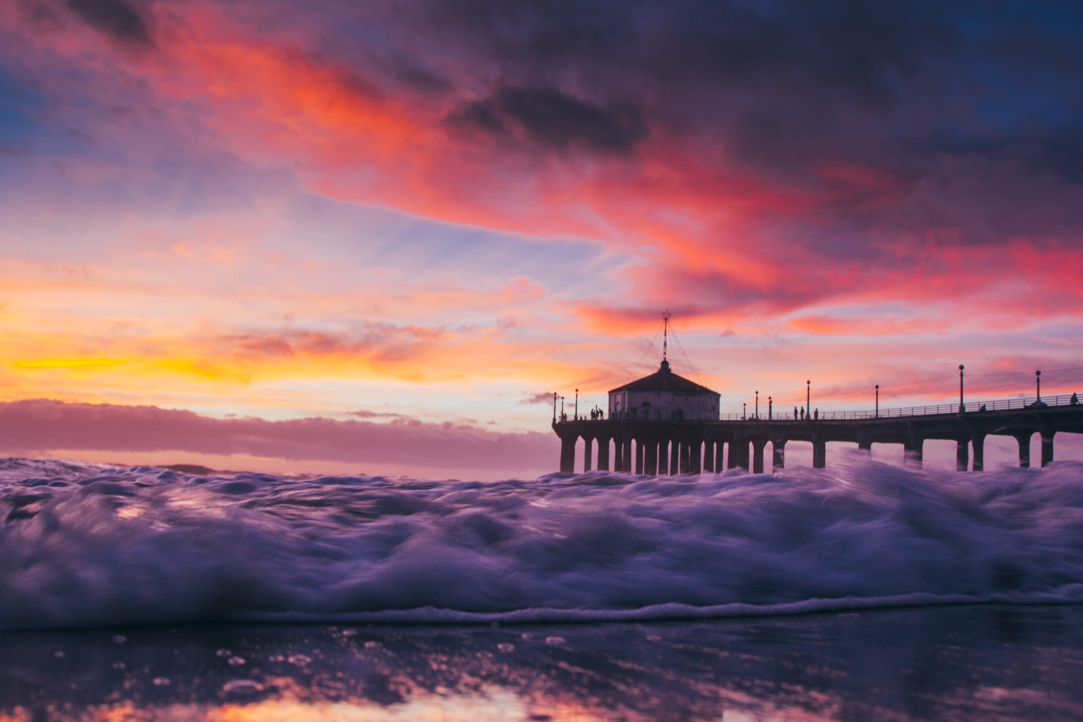 dramatic sky, travel, water, surfing, building, pier, tower, architecture, cloud - sky, beauty in nature, building exterior, sunset, ocean, scenics - nature, HD Wallpaper