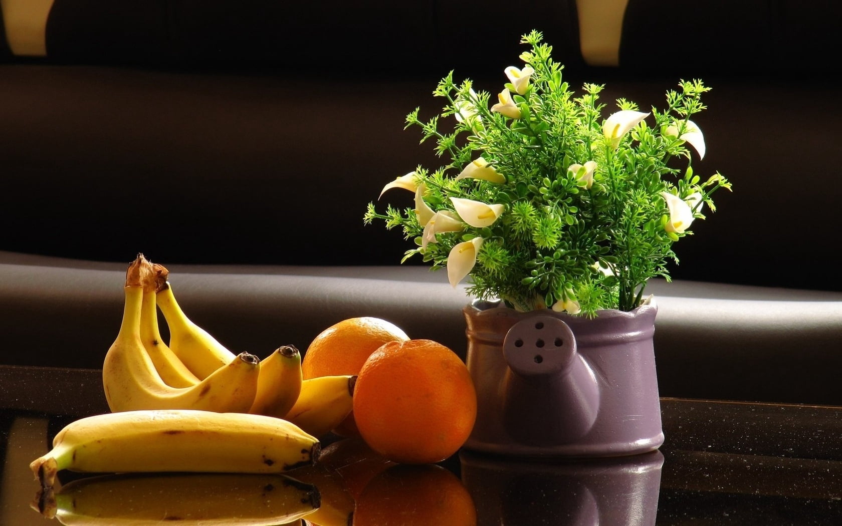 still life, green Color, bananas, wellbeing, table, citrus fruit, food, wood - Material, gourmet, indoors, vegetable, yellow, oranges, nature, plant, watering can, HD Wallpaper