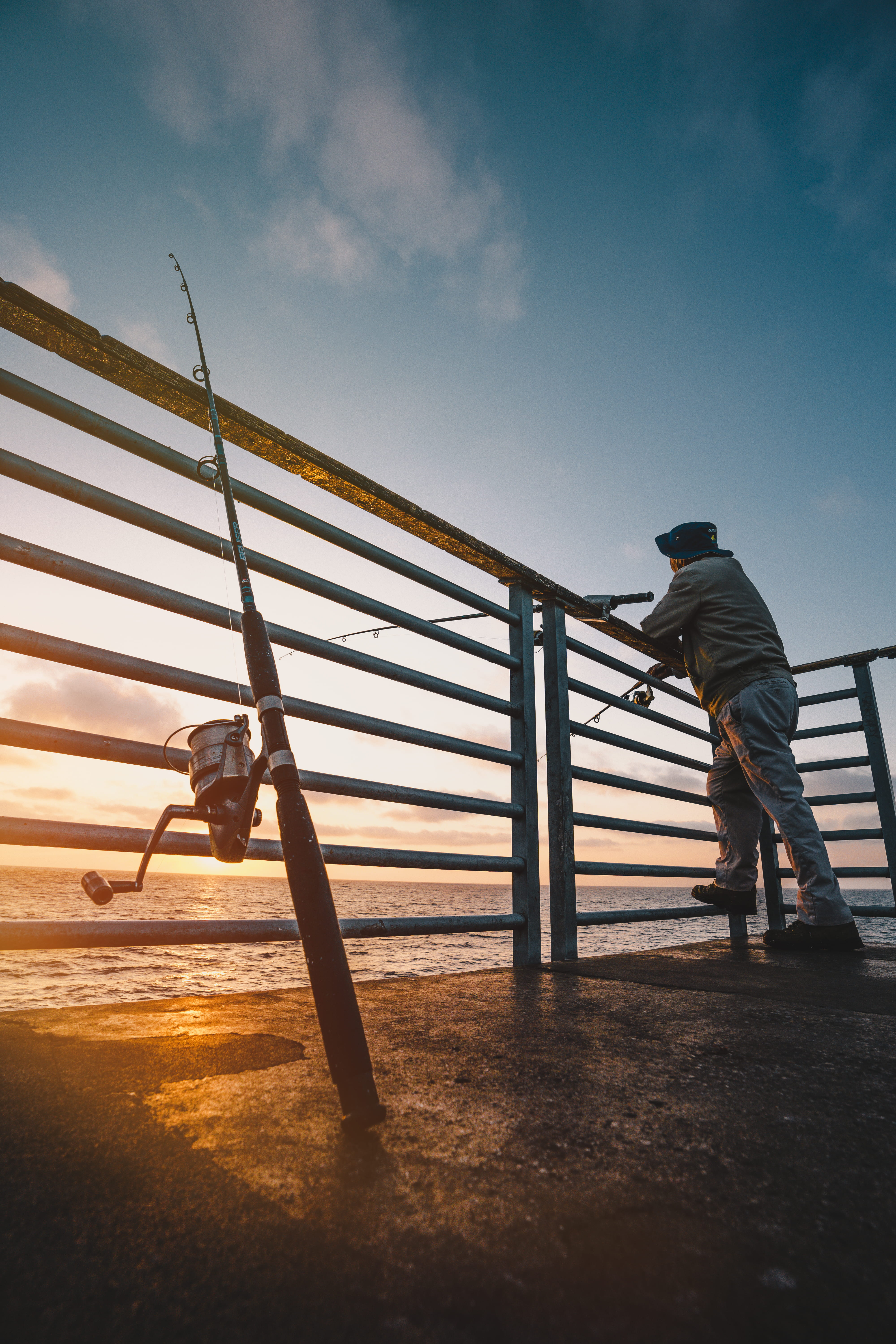 people, hermosa beach, fishing pole, handrail, man, occupation, united states, lifestyles, sunset, hat, childhood, men, working, ocean, full length, human, Phone HD Wallpaper