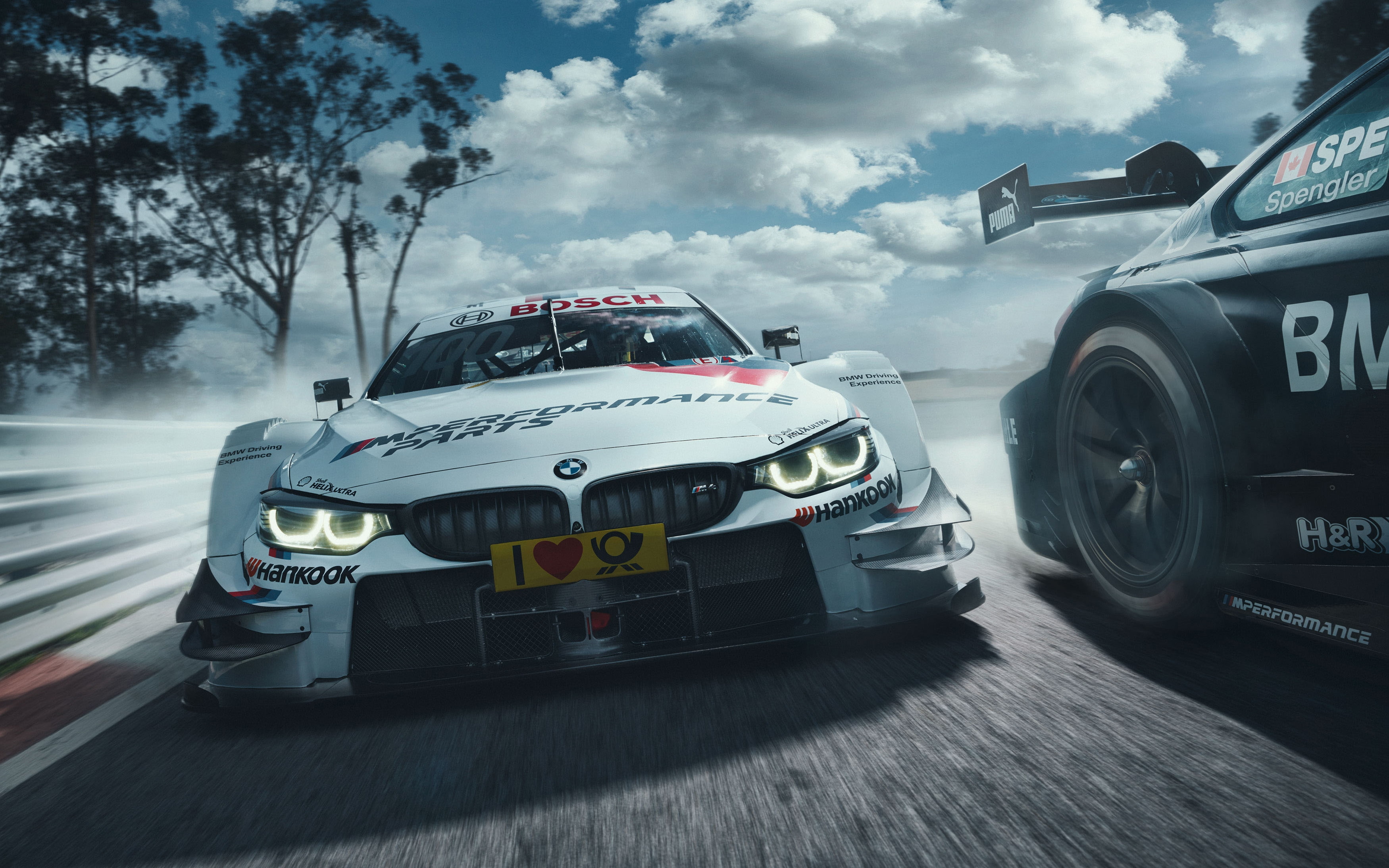 Vehicle, mode of transportation, front view, competition, motor racing track, transportation, sports car, bmw m4 dtm, land vehicle, day, cloud - sky, auto racing, HD Wallpaper