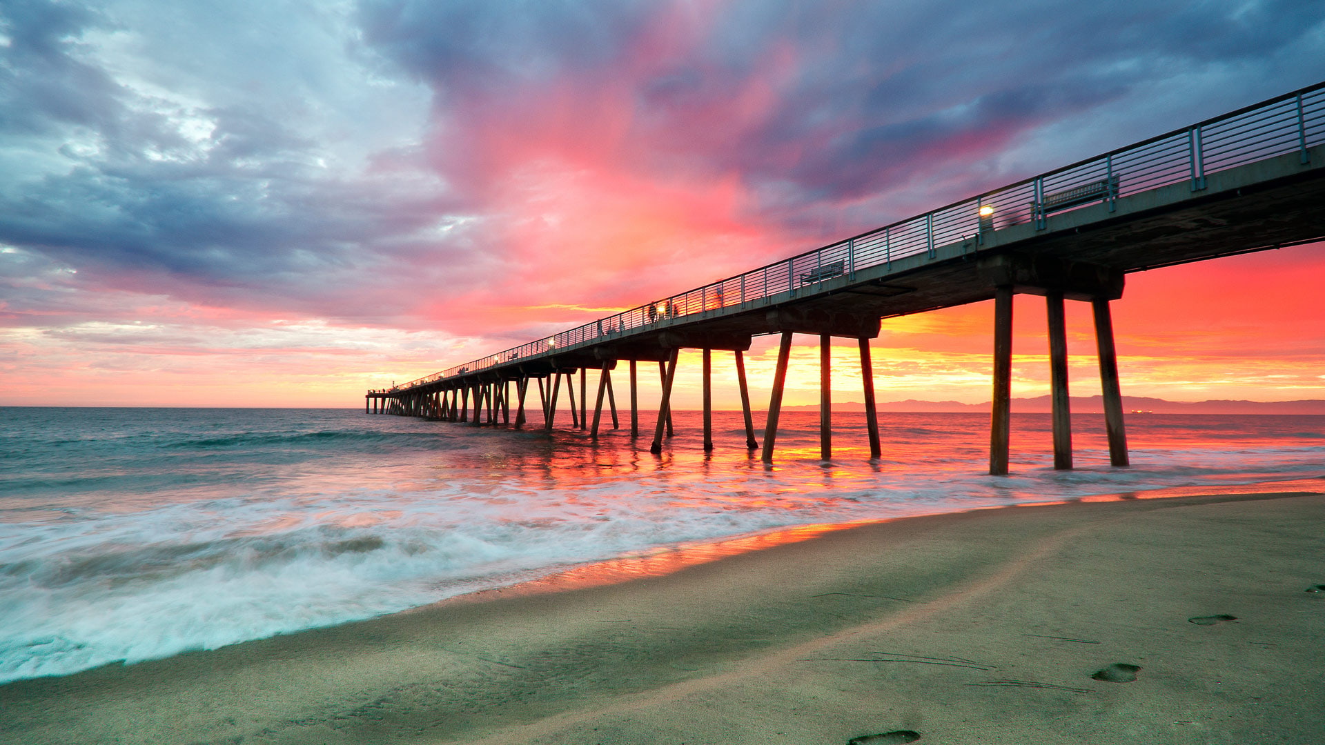 Sunset, Pier, Sea, Man Made, Ocean, Horizon, 1080P, Hermosa Beach, HD Wallpaper