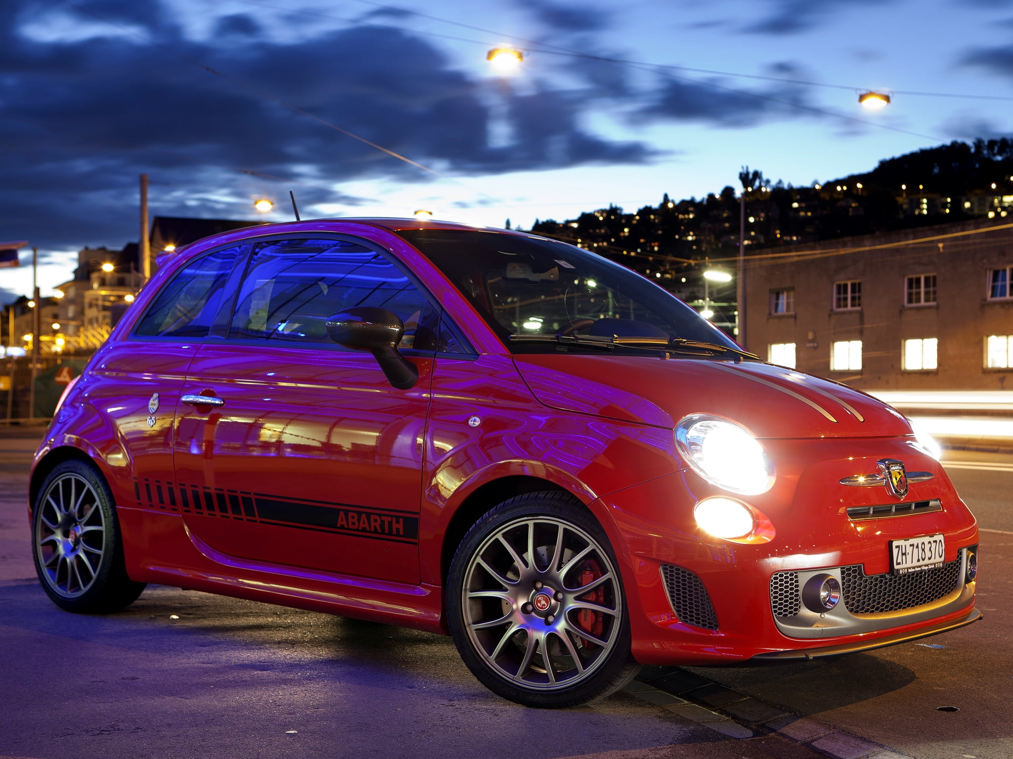 city, editorial, machinery, door, headlight, red, dusk, car, abarth 695, germany, grille, 1080P, outdoors, sports Car, cloud - sky, blue, stylish, city lights, HD Wallpaper