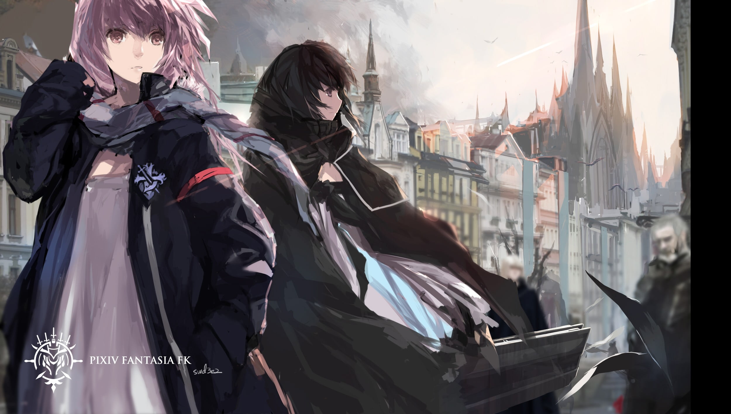 women, Pixiv Fantasia, people, two people, leisure activity, Paradise (pffk), anime girls, building exterior, gloves, sunlight, transportation, architecture, HD Wallpaper