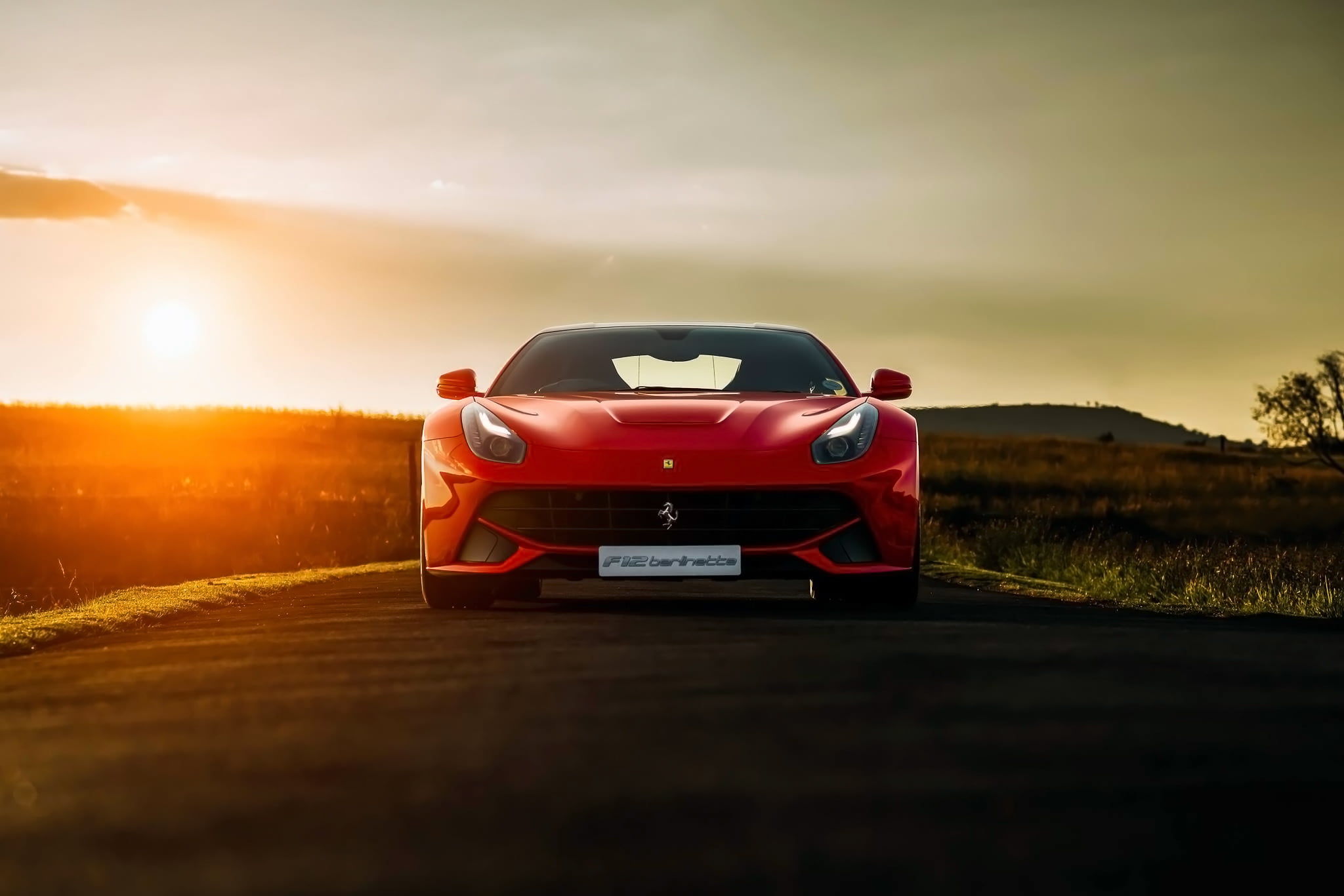 Red, nature, Berlinetta, 1080P, landscape, land, car, cloud - sky, Africa, Front, land vehicle, Sunset, Ferrari, F12, no people, outdoors, sky, road, field, HD Wallpaper