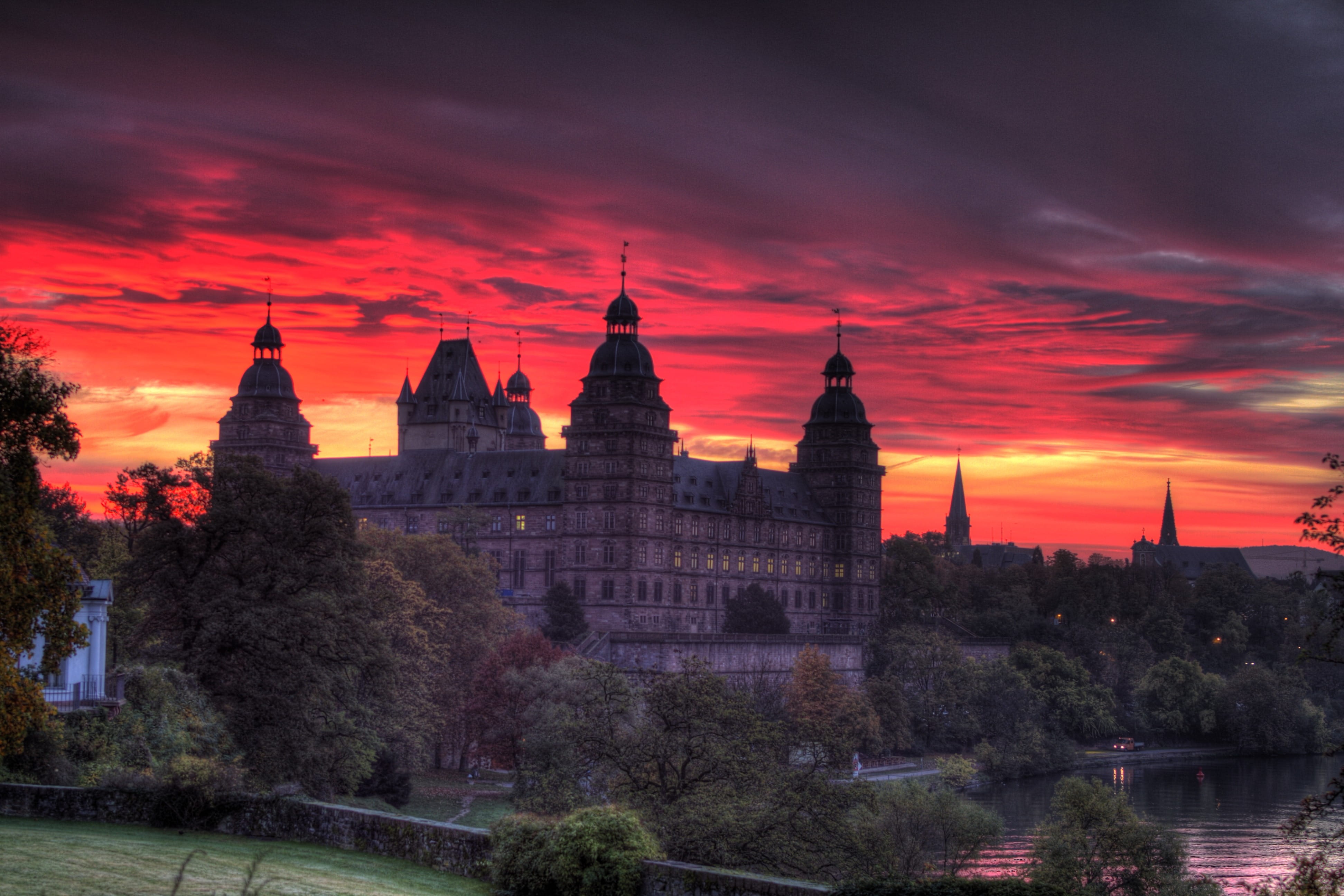 architecture, red, beside, sunset, dusk, history, europe, body, orange, sky, plant, twilight, building Exterior, castle, cloud - sky, tree, 4K, mood, orange color, HD Wallpaper
