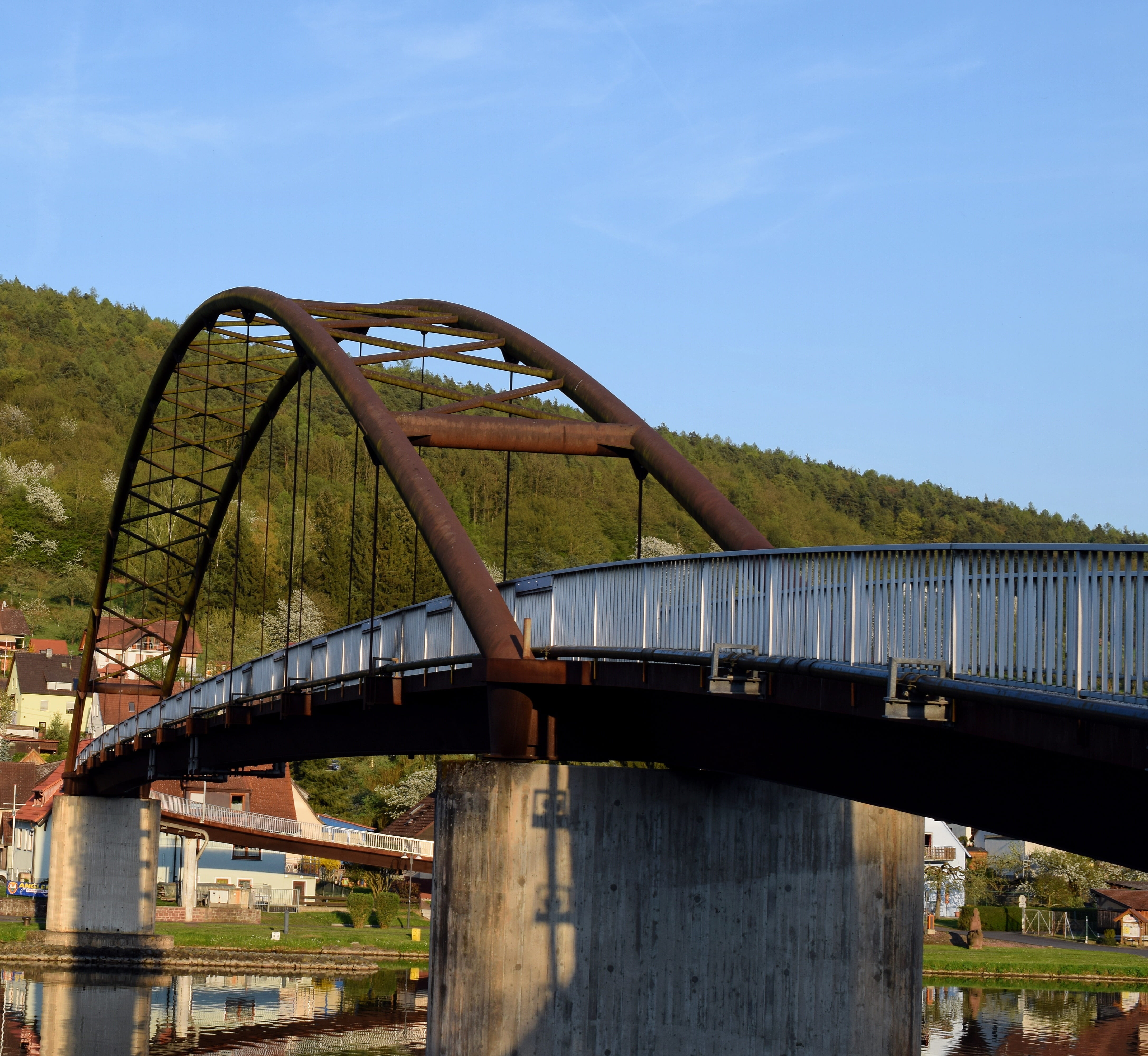 abendstimmung, bridge railing, bridge, sunlight, plant, bridge - man made structure, transportation, swiss francs, aschaffenburg, arch, 4K, low angle view, HD Wallpaper