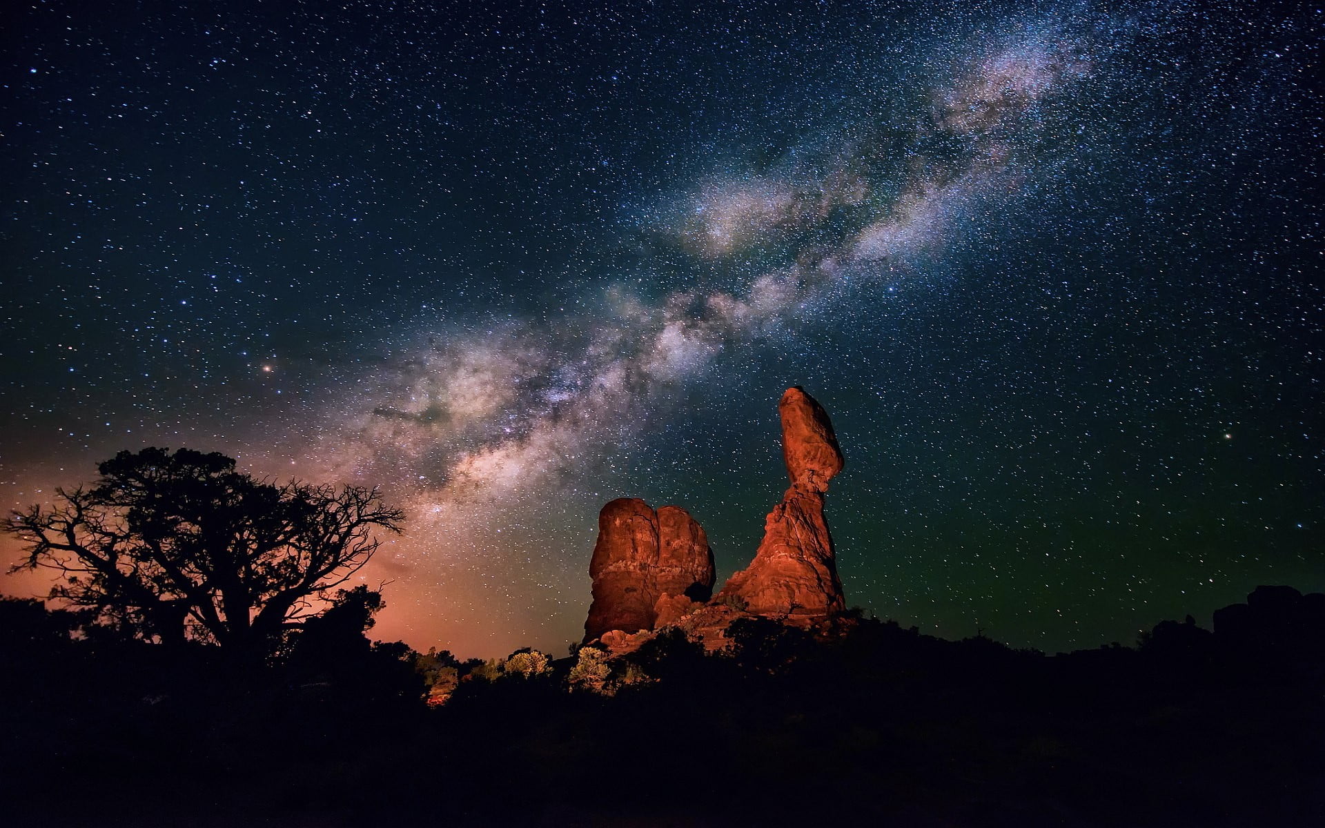 tree, star field, rock formation, space, rock - object, brown, 1080P, nature, outdoors, astronomy, no people, solid, star, beauty in nature, mountain, HD Wallpaper